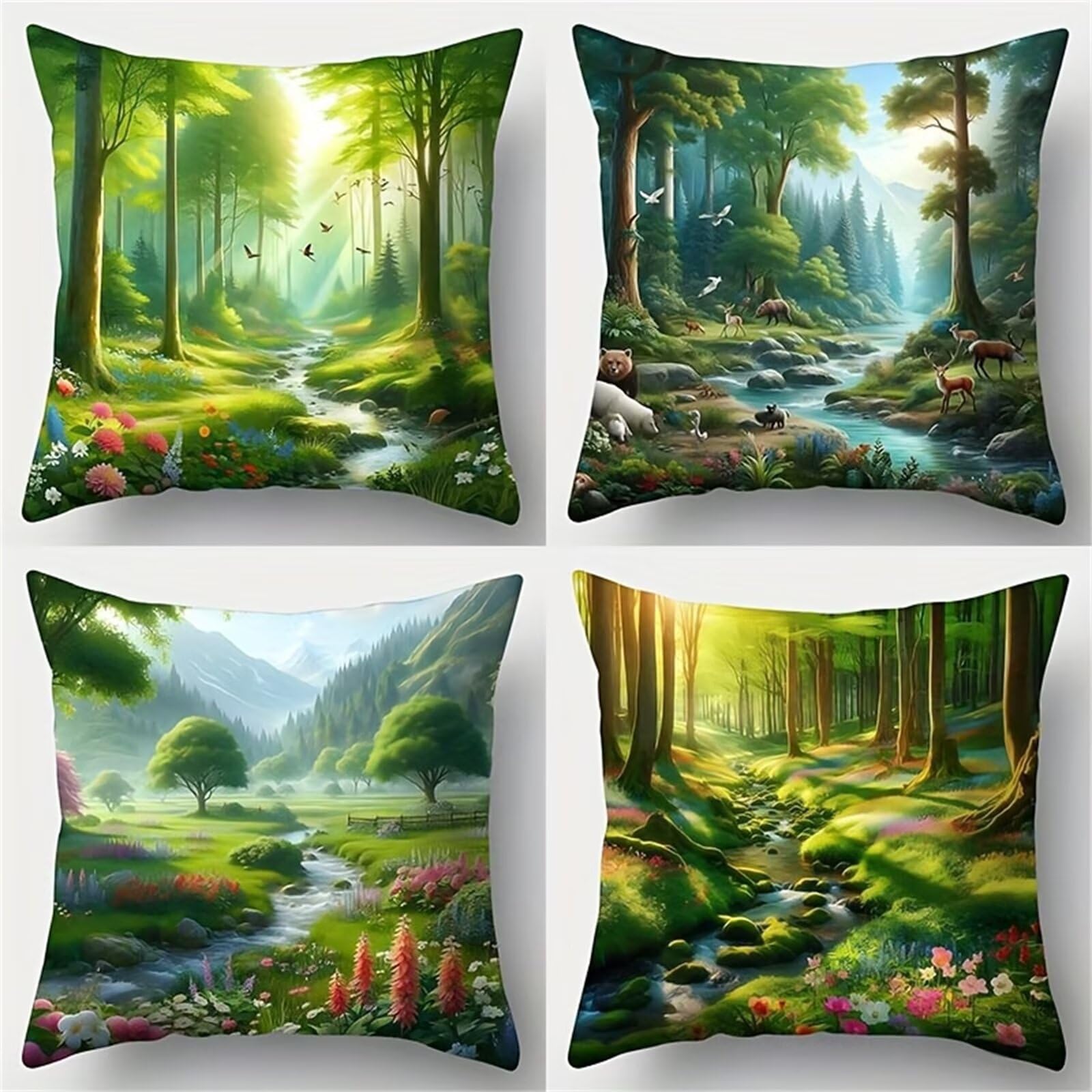 QiHon Cushion Covers 60x60 cm Set of 4 Jungle Scenery Linen Square Pillow Cases 24x24 inch Modern Decorative Throw Pillow Covers for Sofa Couch Bedroom Home Office with Invisible Zipper