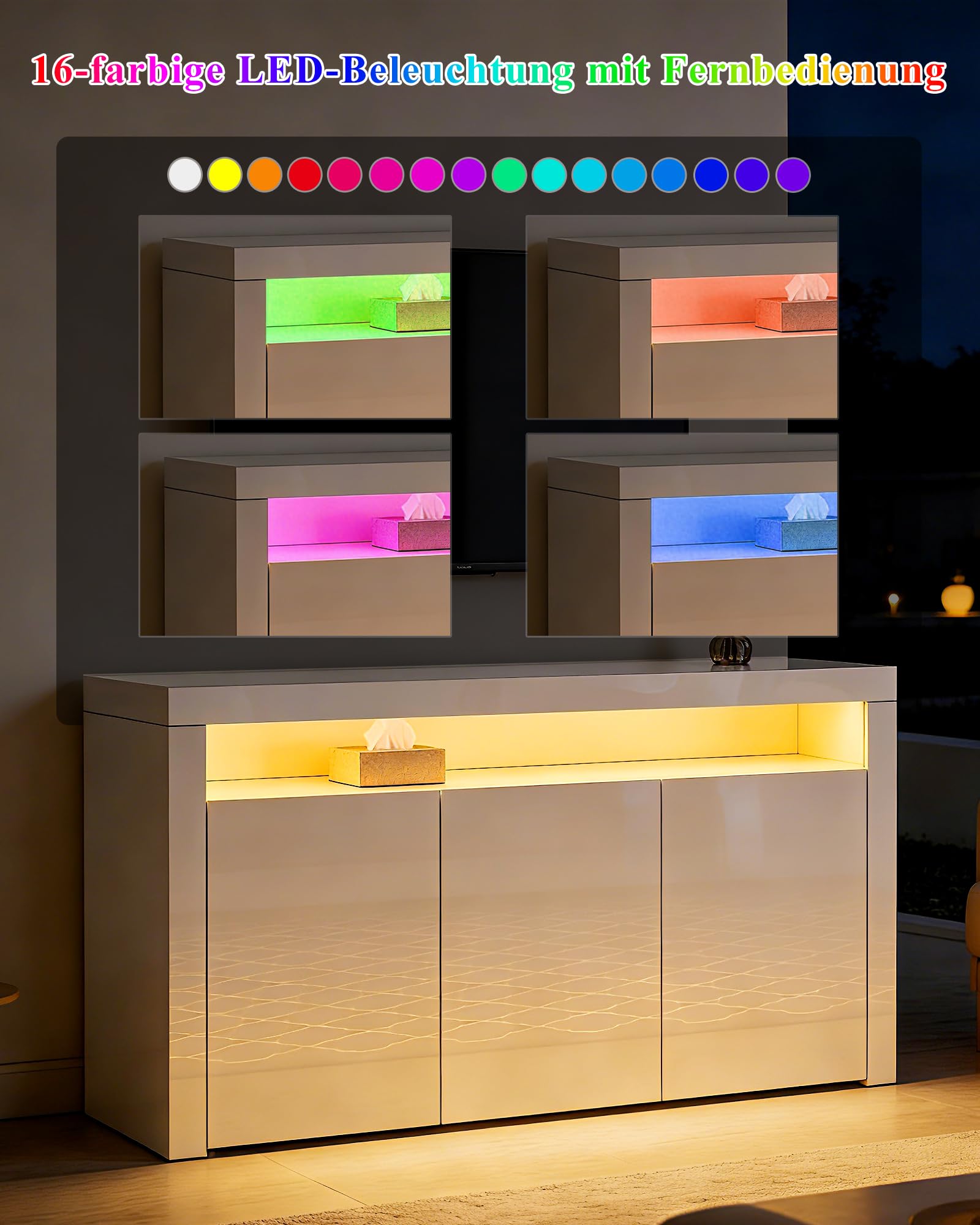 Sideboard Hochglanz 3 Türen Sideboard Schrank Aufbewahrungsschrank mit LED-Leuchten Moderne Wohnzimmer Schlafzimmer Möbel (Weiß)