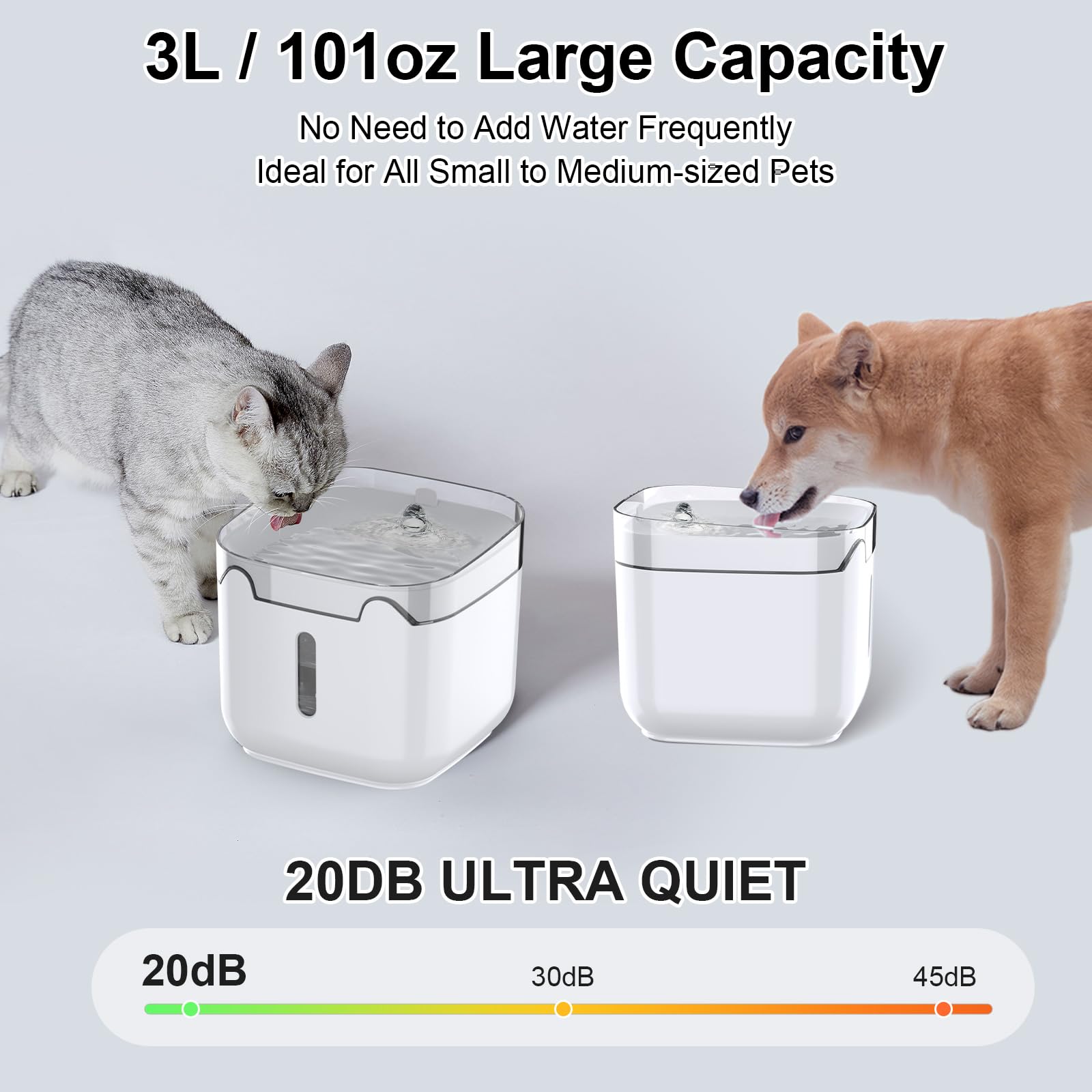 BYKAELER Cat Water Fountain,101oz/3L Ultra Quiet Automatic Pet Water with Pump, Visible Water Level Fountain for Cats and Dogs, with LED Light,6 Filters Included