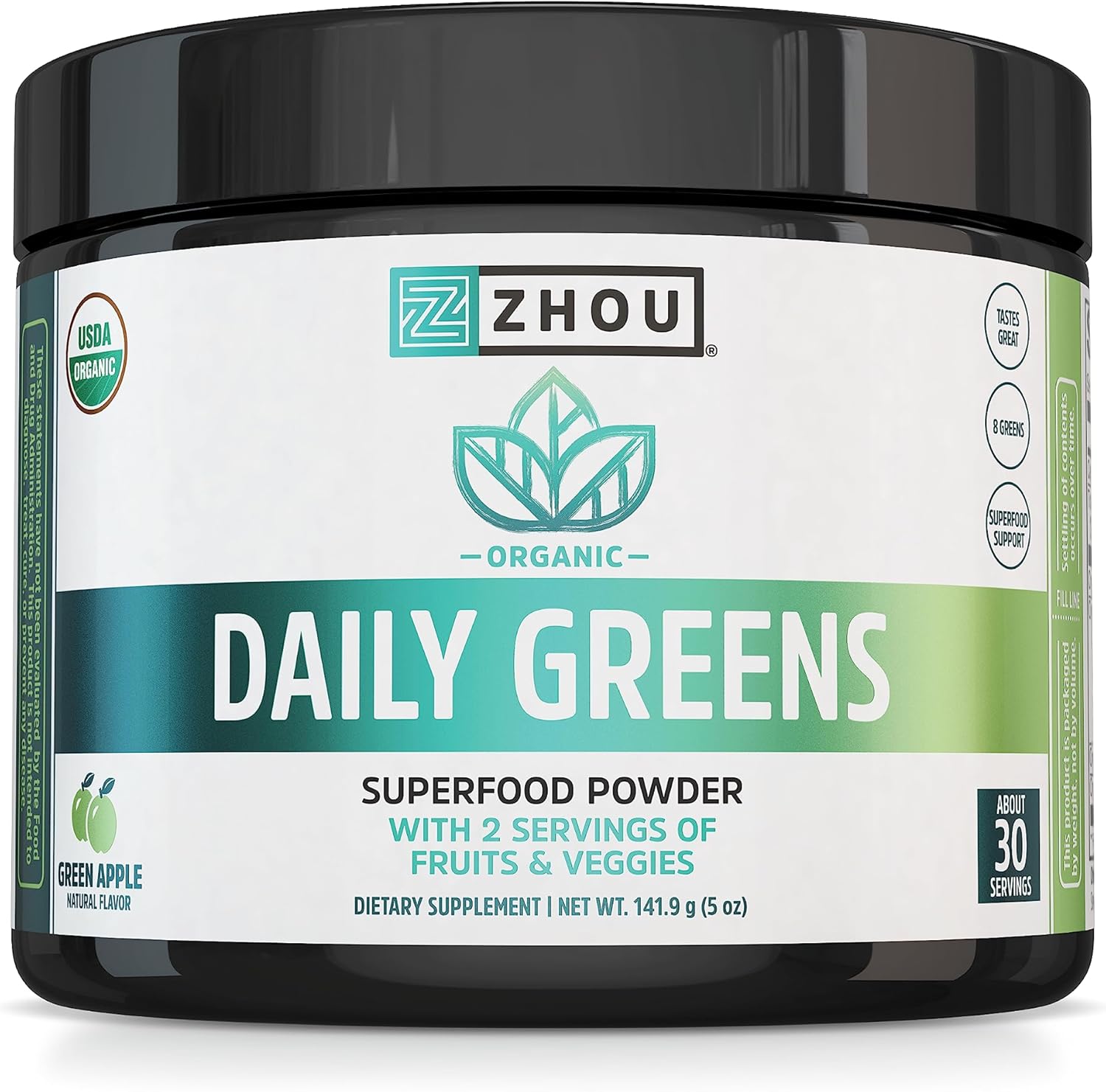 Zhou Organic Daily Greens Powder - Greens Superfood Powder for Juice, Smoothie, Super Food Drink Mix with Spirulina & Kale, Vegetables Supplement - Green Apple Flavor, 5 oz (30 Servings)