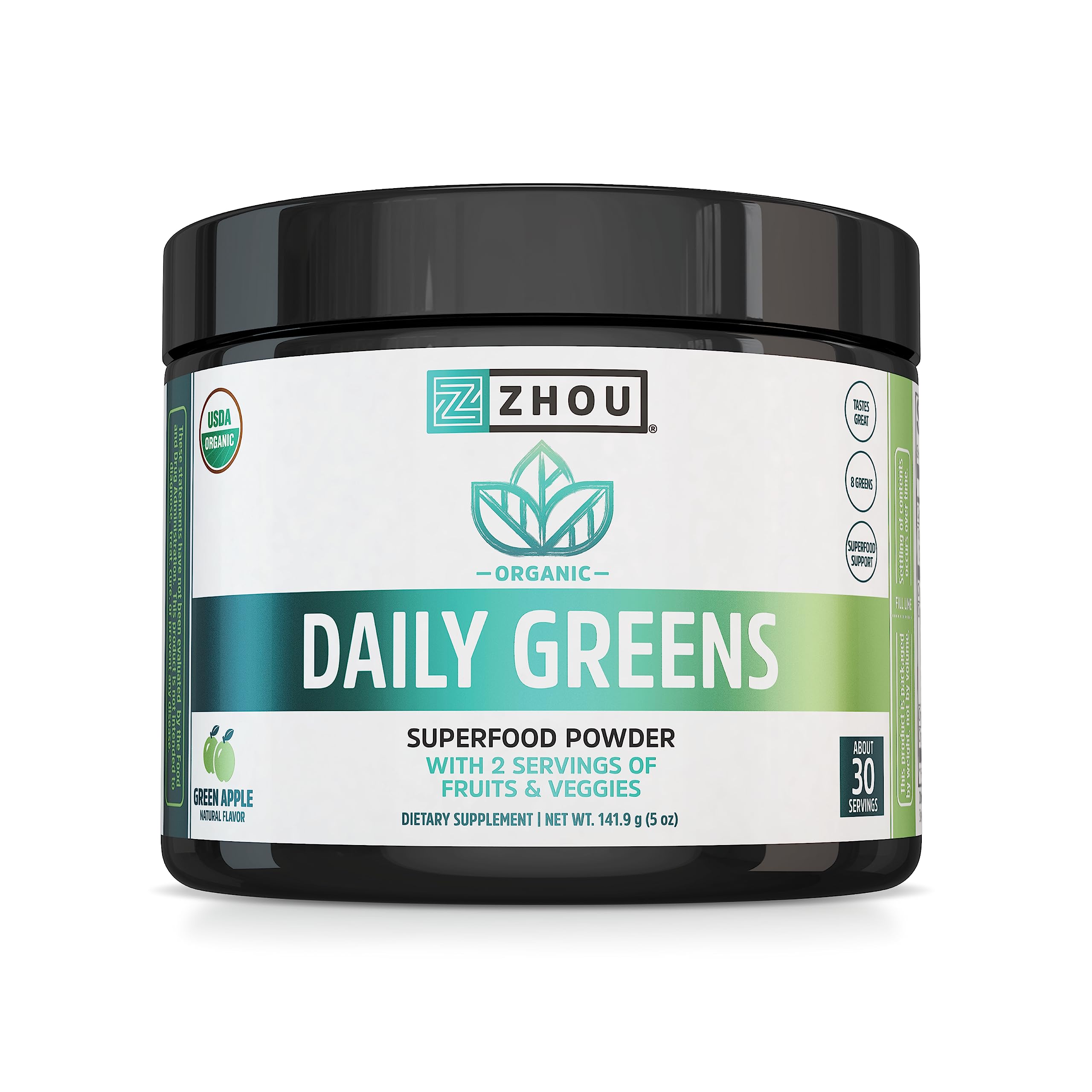 Zhou Organic Daily Greens Powder - Green Apple Flavor, 5 oz (30 Servings)