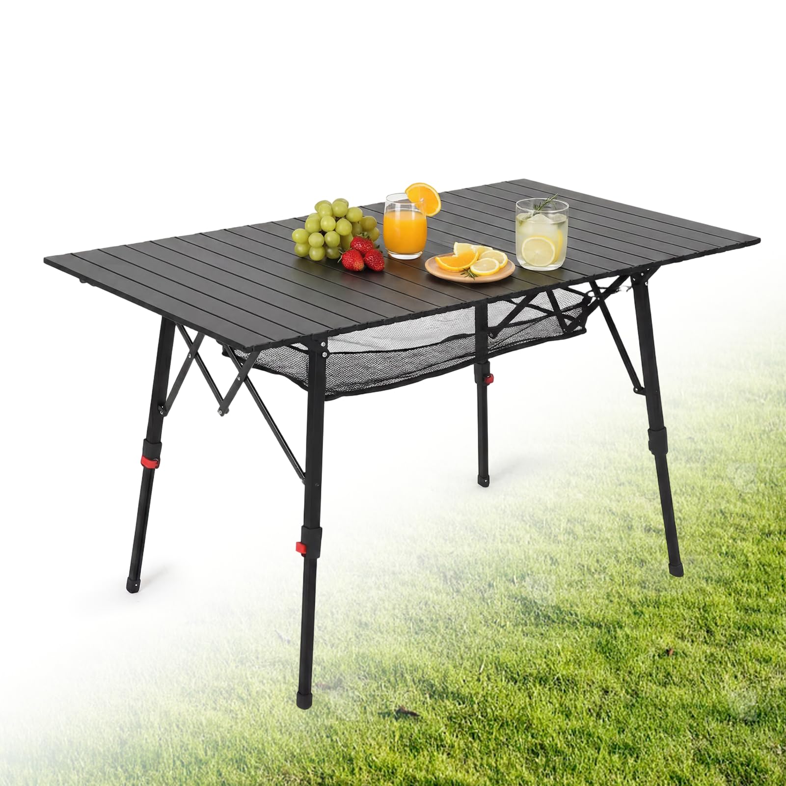 HAUSPROFI Table de camping pliable avec cadre en aluminium - Plateau de table enroulable - Réglable en hauteur - 120 x 70 cm - Jusqu'à 100 kg - Avec sac de transport avec sangle de transport et sac en