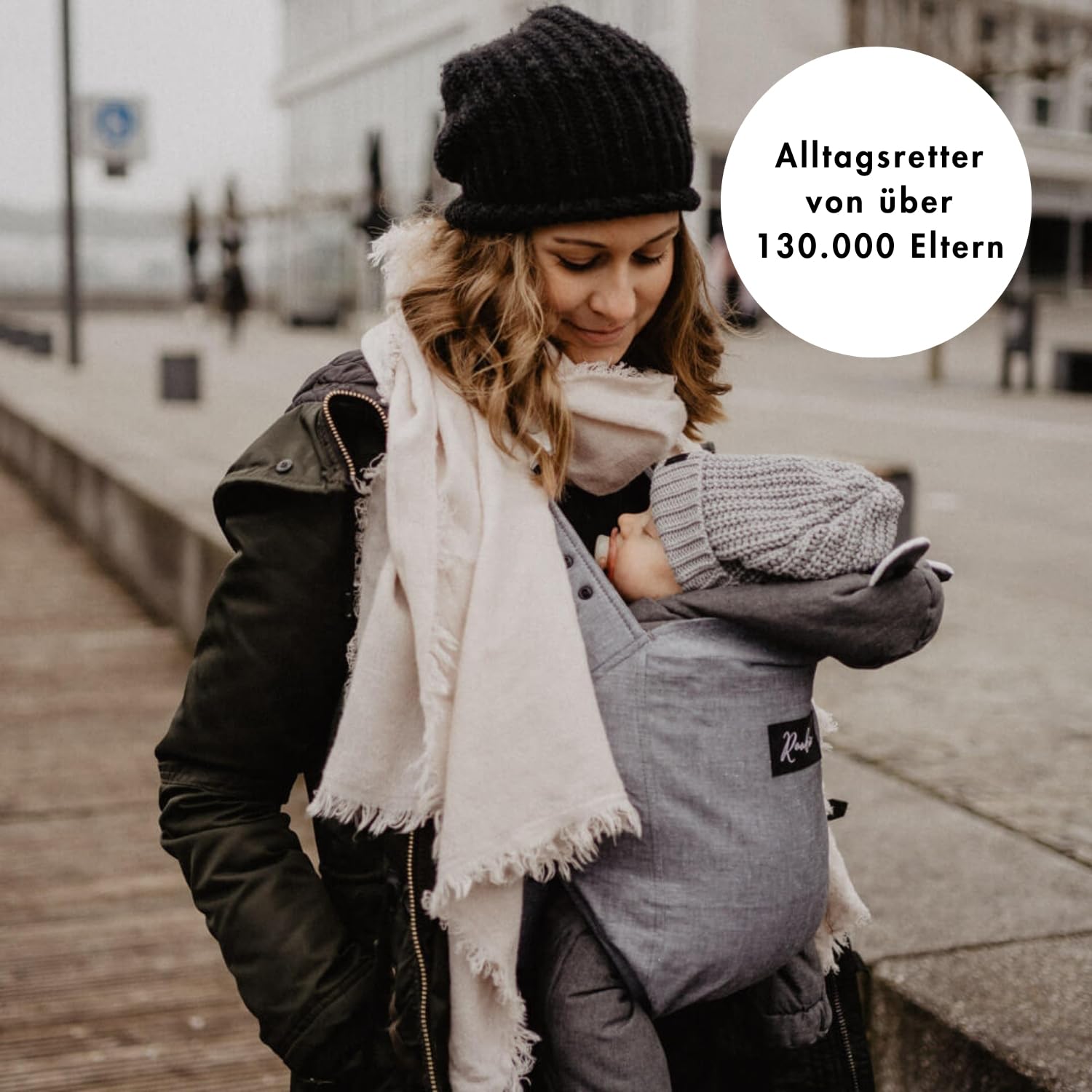 ROOKIE Babytrage Classic Dunkelgrau - Bio Baumwolle Bauchtrage für Neugeborene bis 15kg ergonomisch