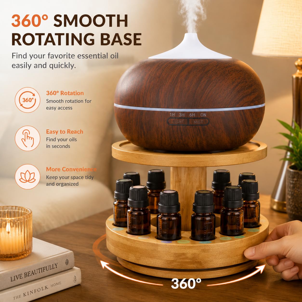 TJ.MOREE Carrousel en Bambou pour diffuseur - 2 Niveaux d'augmentation de Hauteur avec Plateau supérieur pour contenir Le diffuseur, pour Bouteilles d'huiles essentielles de 5 ML, 10 ML, 15 ML, 20 ML