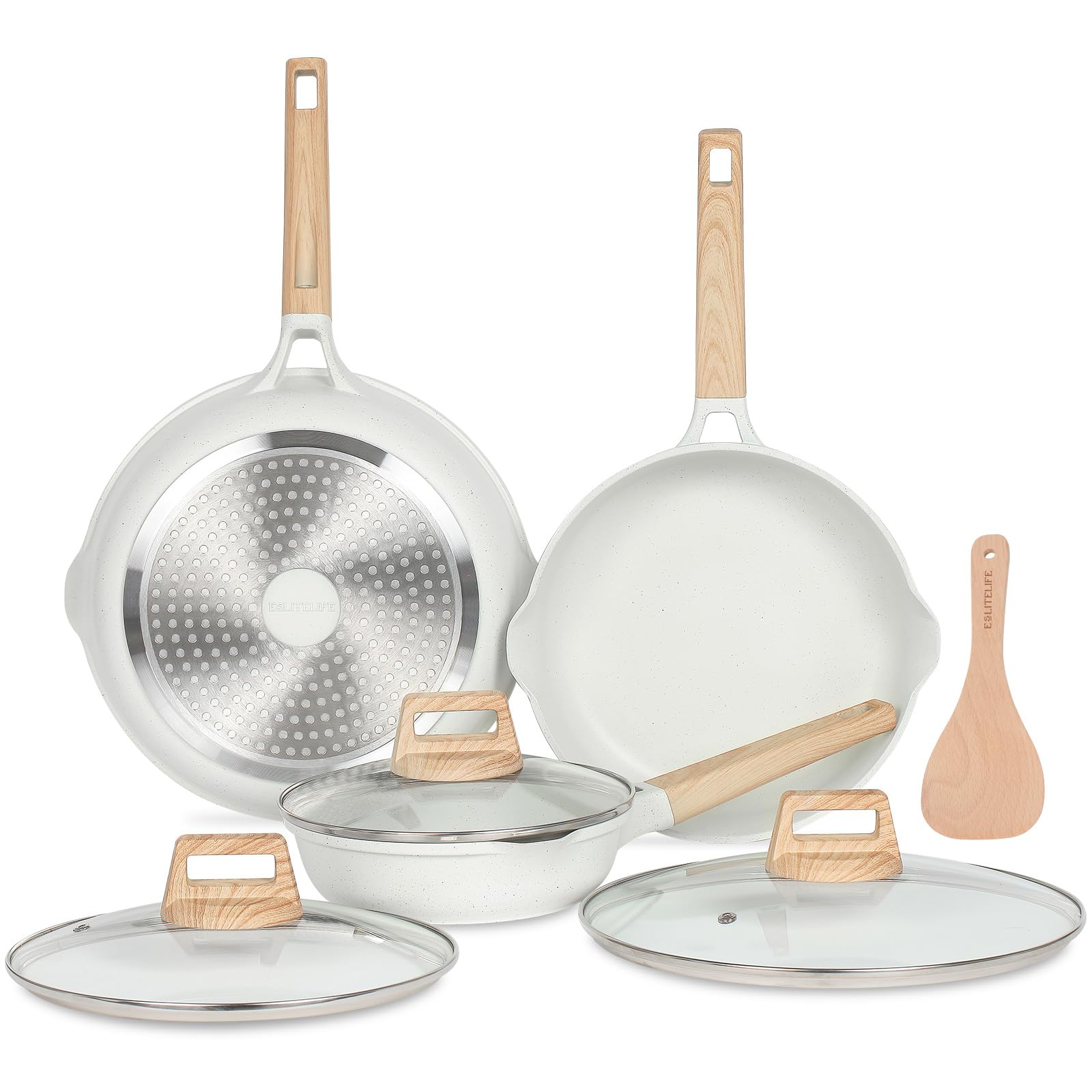 ESLITE LIFE Nonstick Frying Pan Skillet Set with Lids, Healthy Granite Coating Egg Omelette Pan Stone Cookware Chef's Pan, PFOA Free(Cream, 7pcs)