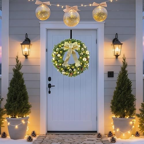 Miniatura 10 de Hausse - Corona de Navidad iluminada con colgador de metal, corona de Navidad pre-iluminada con lazo dorado grande y bolas, funciona con pilas, con