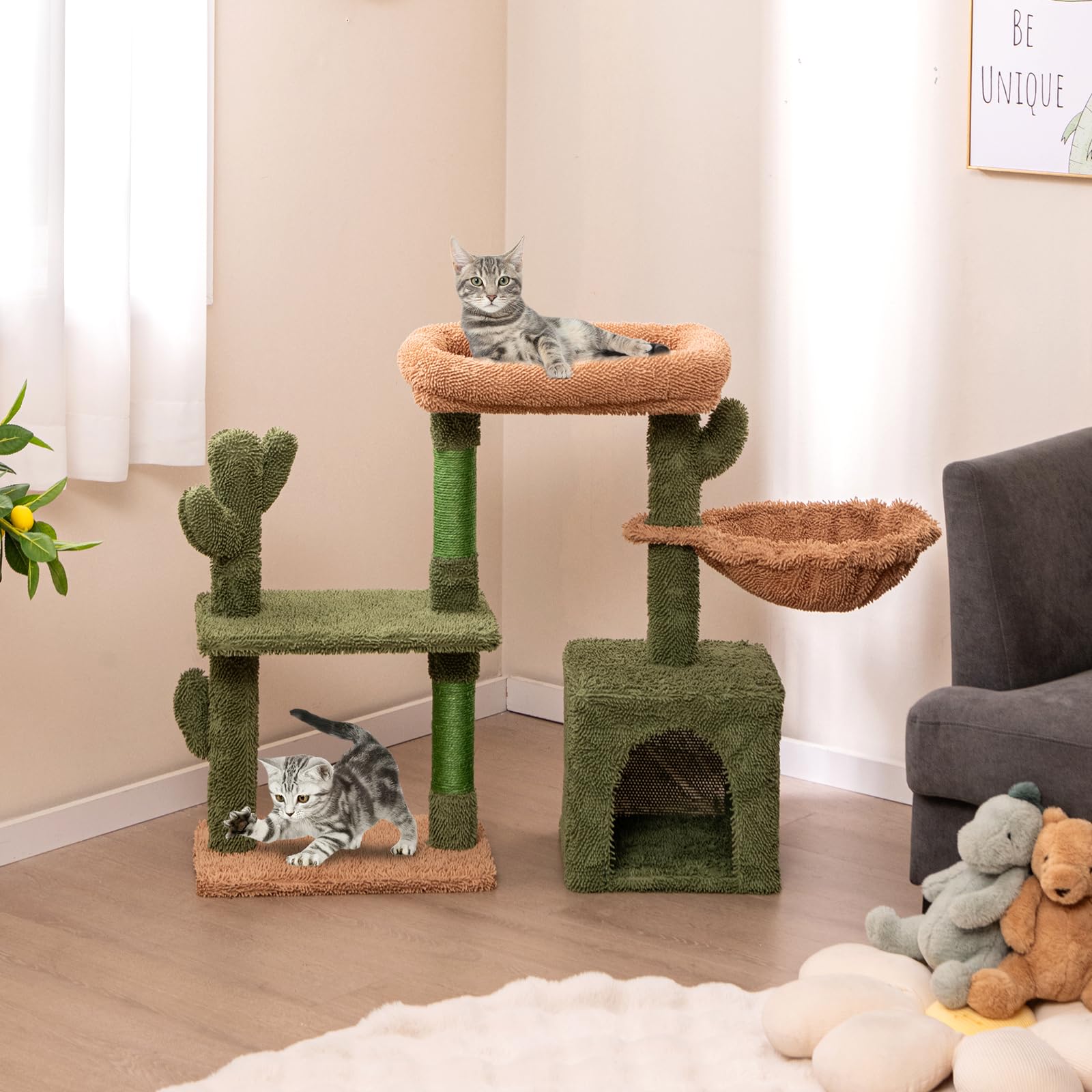 COSTWAY Tiragraffi per Gatti Moderno, Torre per Gatti Estetica a Forma di Cactus con Ripiano, Condo, Amaca, Posti per Graffi in Sisal e Cuscino Lavabile, Albero per Gatti Adulti e Cuccioli