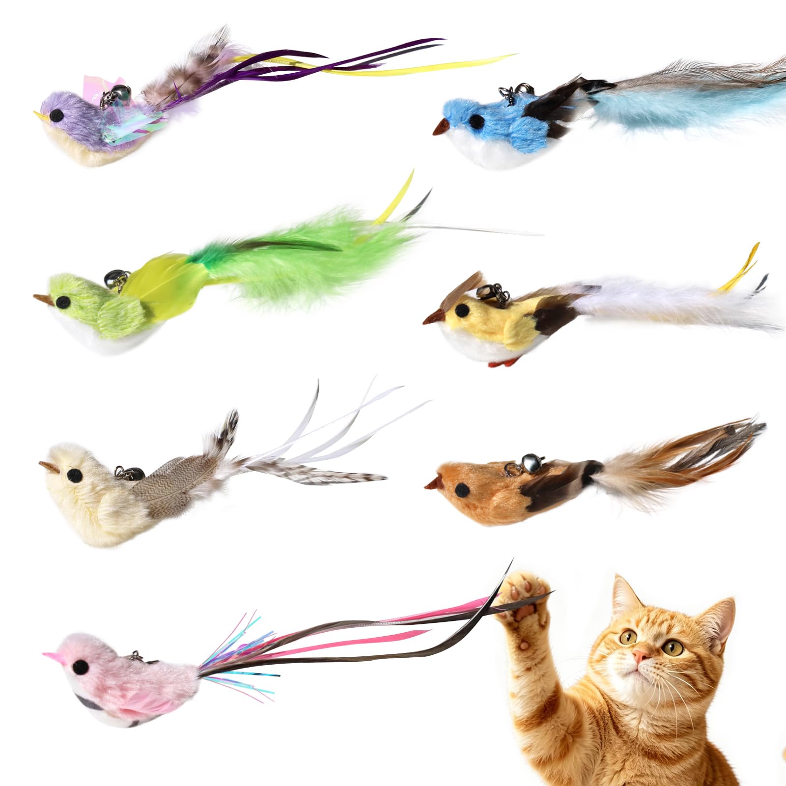 SONGWAY Cat Feather Bird Toys - 7 Pieces Plush Bird Cat Toys with Natural Feather Tails, Cat Wand Attachments, Interactive Cat Toy Refills for Indoor Cats Kittens
