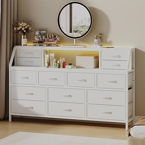 Dresser for Bedroom, 55" TV Stand with 14 Drawers, Long Dresser & Chests of Drawers with Shelves & Sturdy Metal Frame & Wood Top (White)