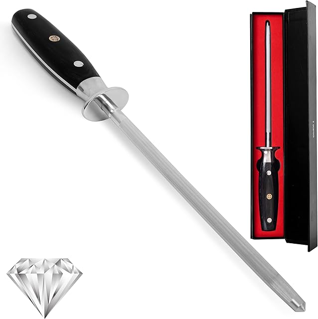 SWYSH 8" Knife Sharpeners Diamond Steel - Kitchen Knife Sharpener Rod for Sharpening Chef Kitchen Knives - Ceramic Honing Steel Helps Restore to Sharp Blade with Honing Guide & Gift Box