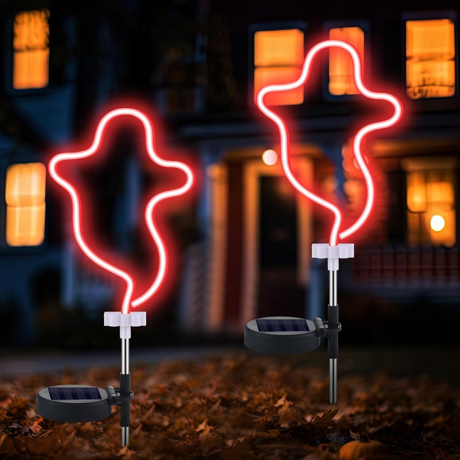 2 Pcs Halloween Decoration Outdoor Solar Halloween Garden Stake Lights Neon Solar Outdoor Waterproof Decoration with Stake for Garden Monument Yard Halloween Party Supplies (Ghost)