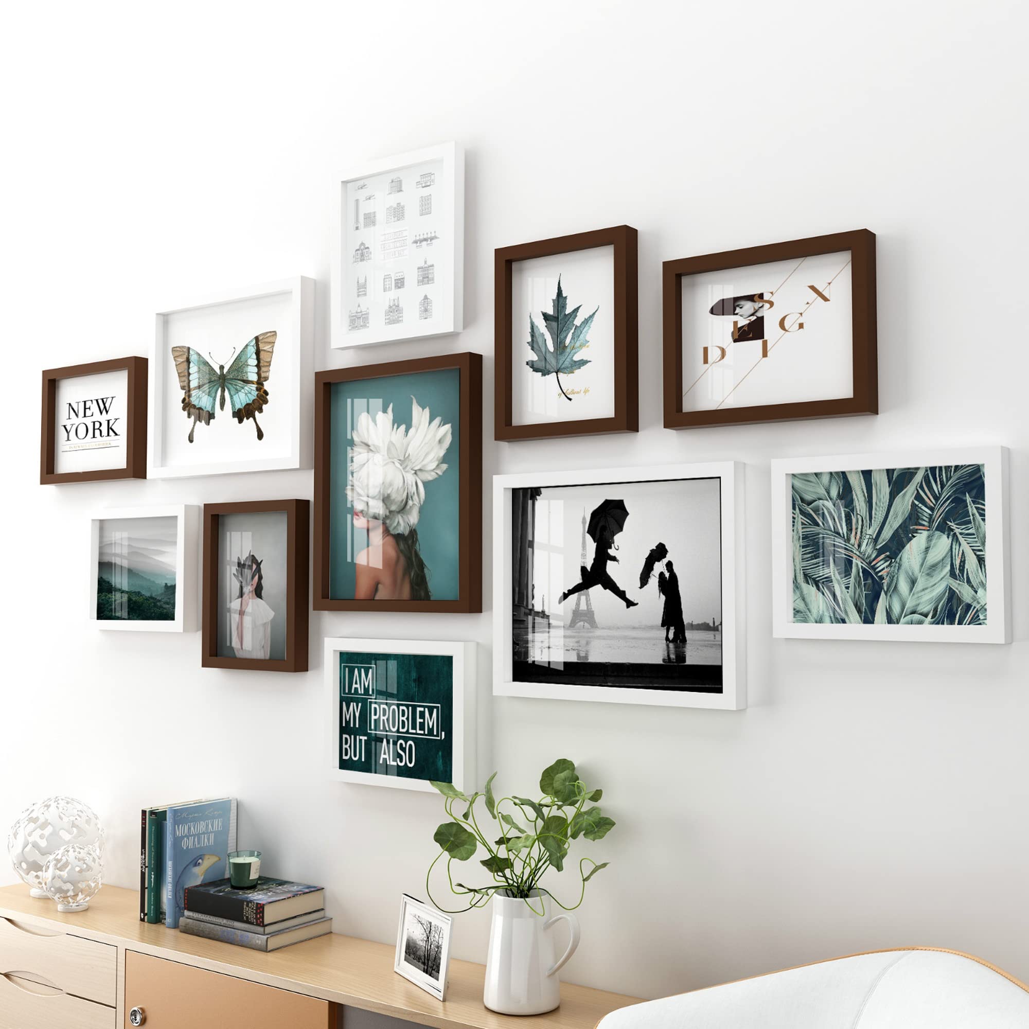 Decoración de Pared, Marco de Fotos múltiple para 11 Fotos con Vidrio, Marcos de Fotos con Apertura de Collage Familiar para decoración de Mesa de Pared, Montaje en Pared Frontal o