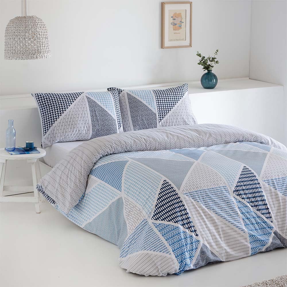 COTTON ARTean Funda Nórdica Reversible Cama 90 Algodón Poliéster GEKA Azul, Funda edredón 150x220 + 1 Funda de Almohada, Cierre con Botones