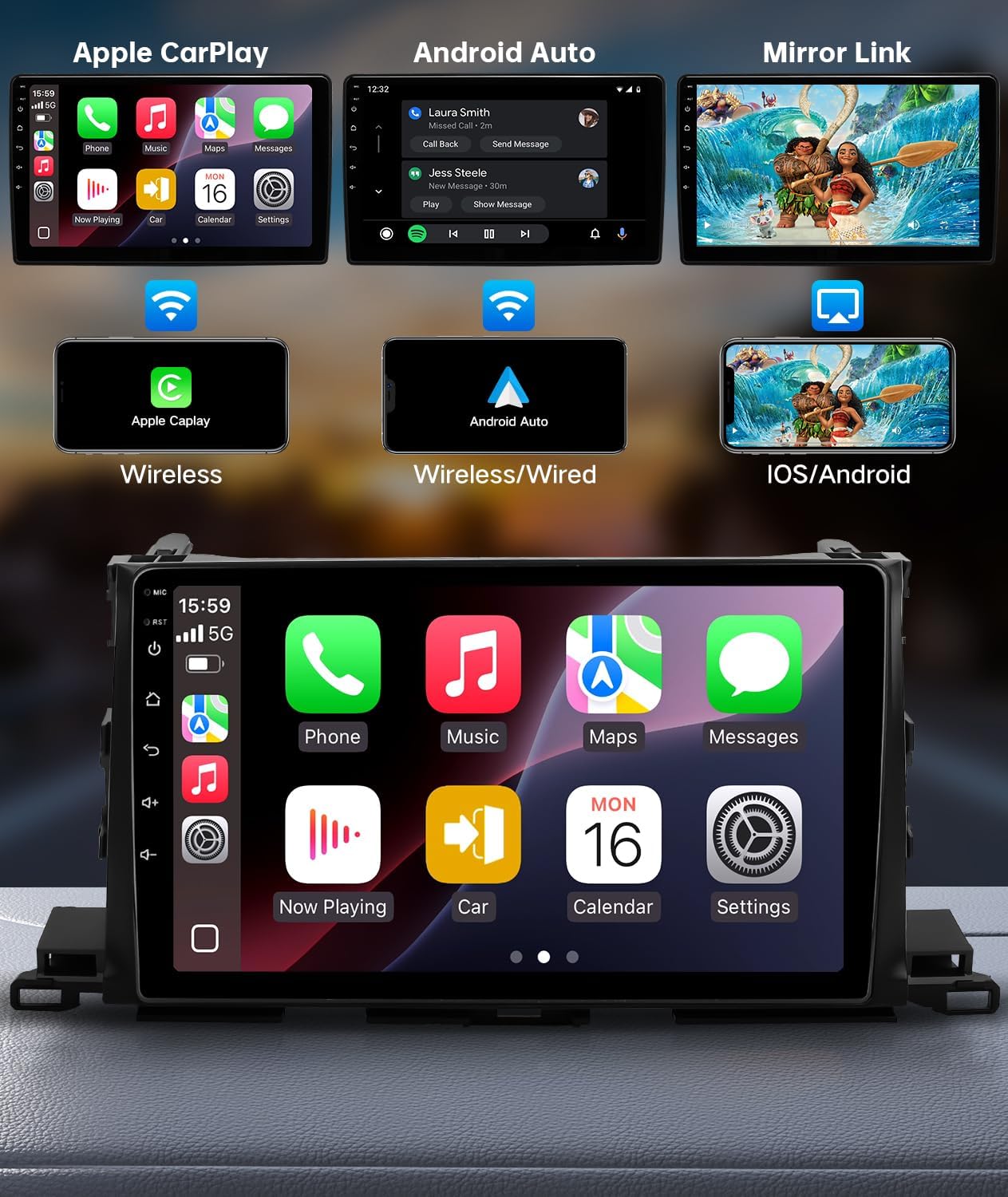Screenshots showing Apple CarPlay, Android Auto, and Mirror Link interfaces