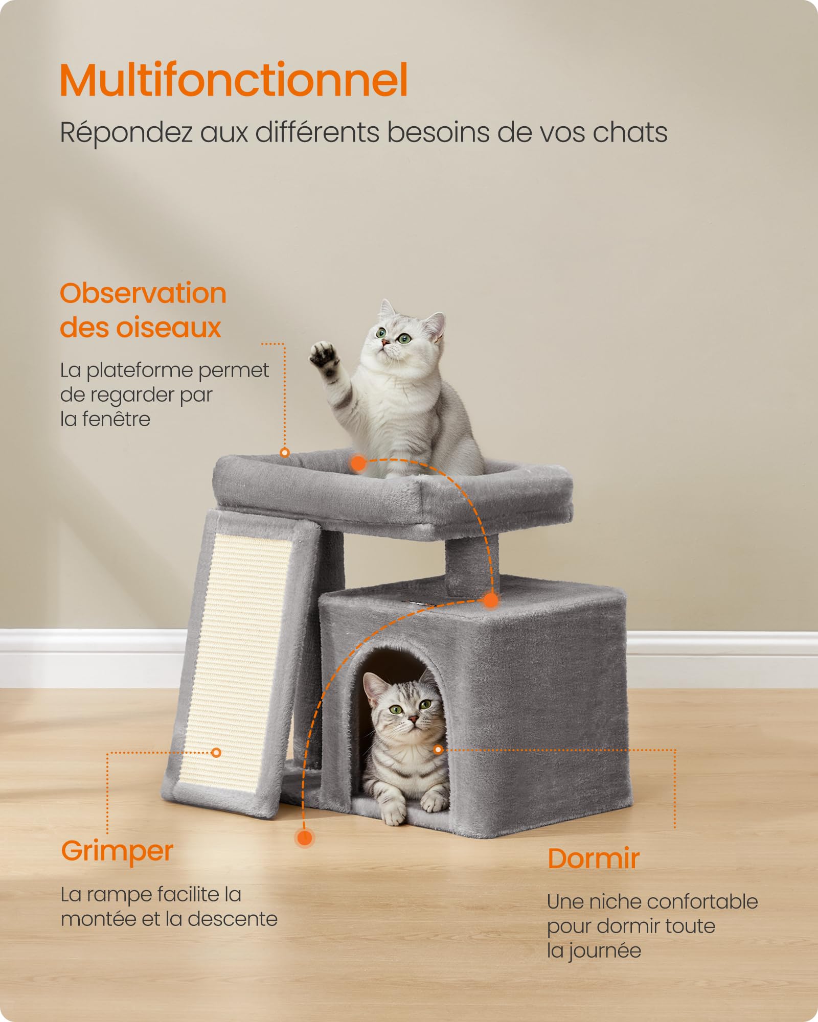 Feandrea Arbre à Chat, Tour de Jeu pour Chats, Condo avec Rampe à Griffer, Grande Plateforme Supérieure, Niche, Hauteur 44,6 cm, Gris Tourterelle PCT010GD01