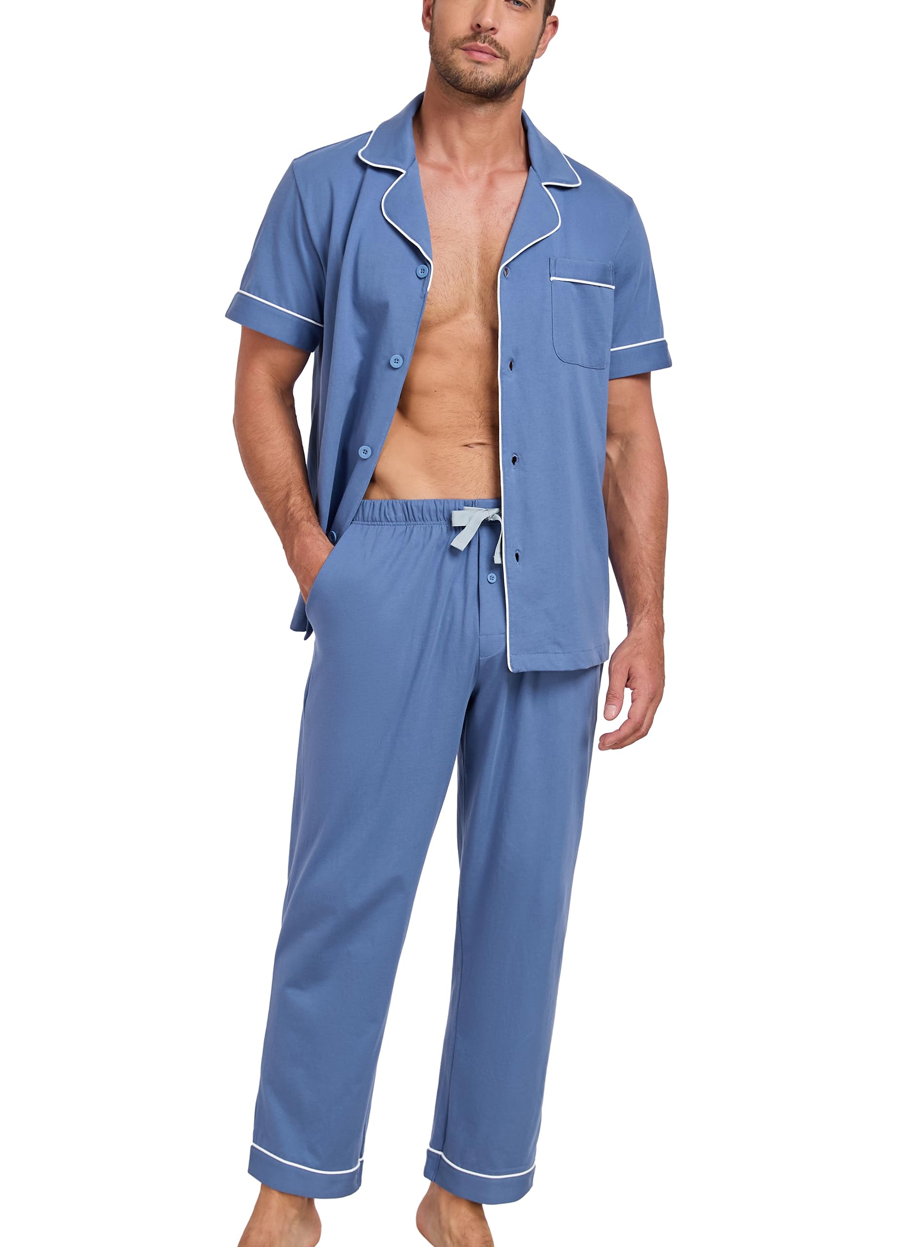 EA'S SECRET Mens Pajamas Set 100% Cotton Soft Button Pajamas for Men Short Sleeve Sleepwear 2 Piece Lounge Pjs Sets