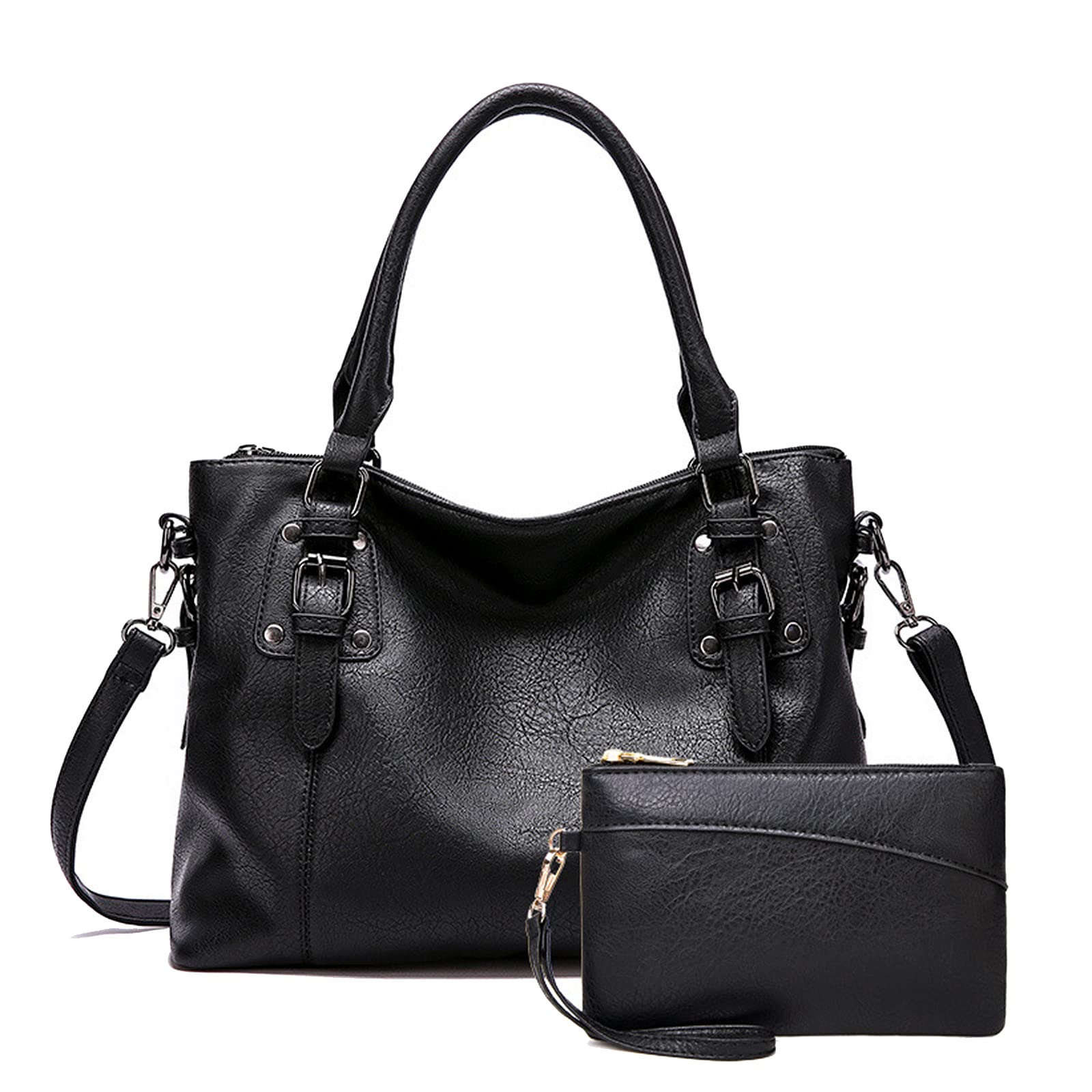 Set Borsa a mano con Tracolla da Donna in Pelle Sintetica Hobo Borsa Bauletto Vintage Borsa a spalla Retrò Donna Sacchetto Moda Borse Manici Lunghi Borsetta Nero