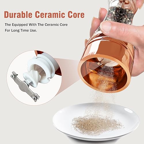 Miniatura 8 de Juego de molinillo de sal y pimienta dorado, molinillo de pimienta de madera, molinillo manual de sal y pimienta, grosor ajustable, parte superior