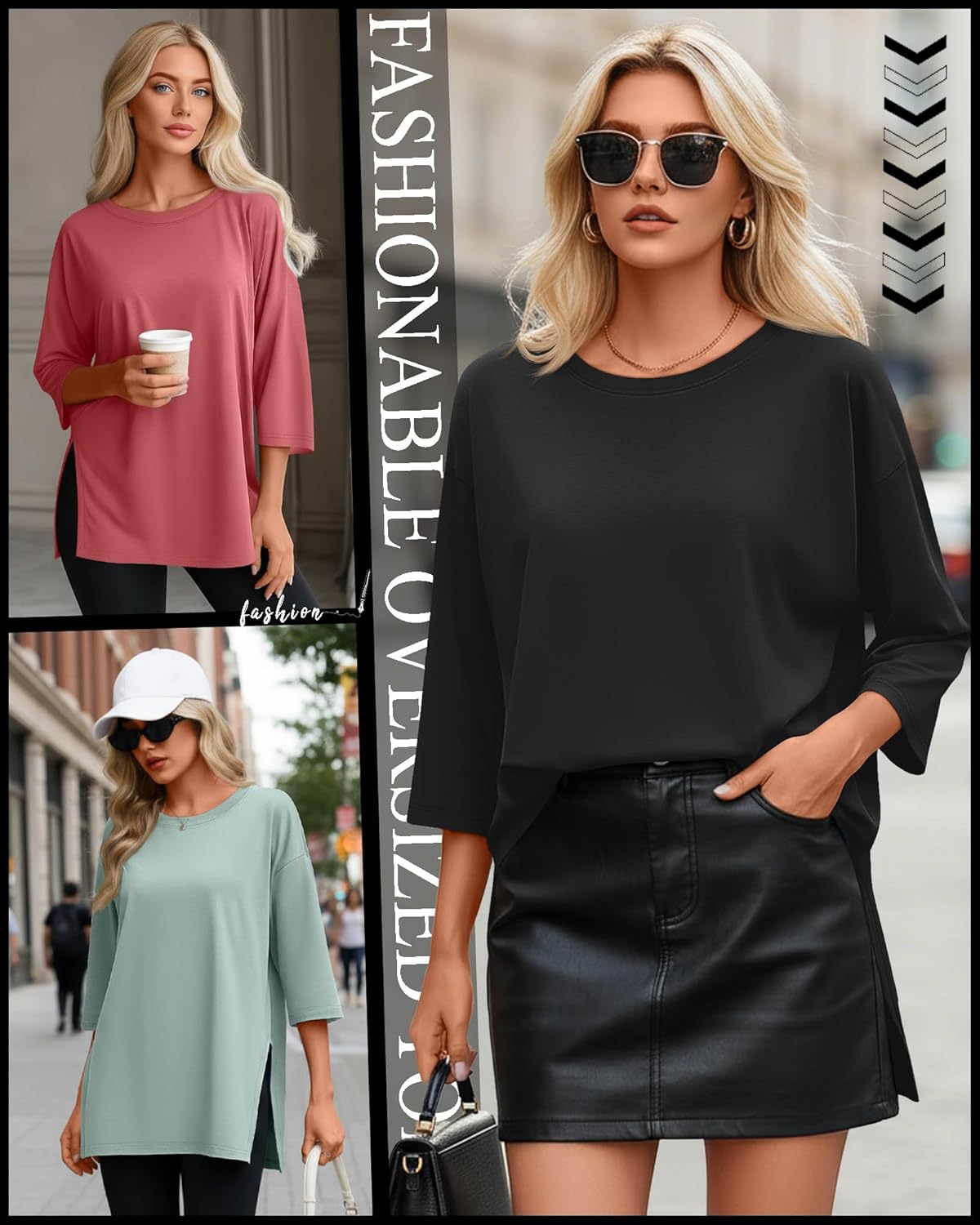 Huukeay 3 Pack Women's Oversized T Shirts Workout 3/4 Sleeve Top Loose Side Split Gym Elbow Crewneck Fall Casual Clothes Tee(Black, Brick Red, Grey Green,Large) - Image 2