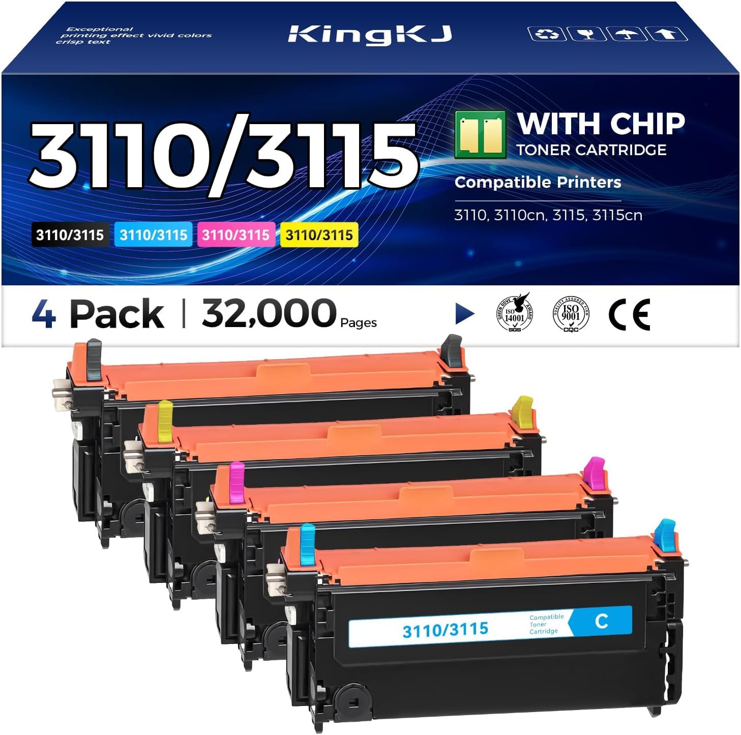 3110 3115 Toner Cartridge Set 4-Pack High Capacity Replacement for Dell 310-8092 310-8094 310-8096 310-8098 Compatible with Dell 3110 3115 3110cn 3115cn Color Laser Printers Black Cyan Magenta Yellow