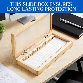 Microscope Slides with Specimens, Holds 50 PCS Prepared Microscope Slides, Wooden Storage Box, for Biology Students, Science Teachers, Laboratory Researchers