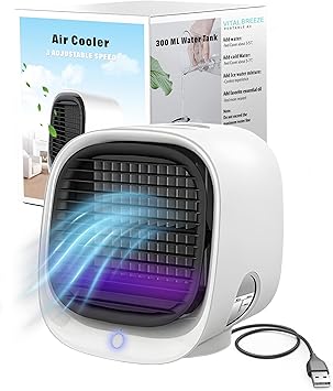 Vital Breeze Portable AC Evaporative Air Cooler Vital Breeze Portable Air Conditioner portable 300 mL Water Tank,lt; 40 dB Quiet, 3 Fan Speeds, Washable Filter, Color-Cycle Night-Light Bedroom Mini AC