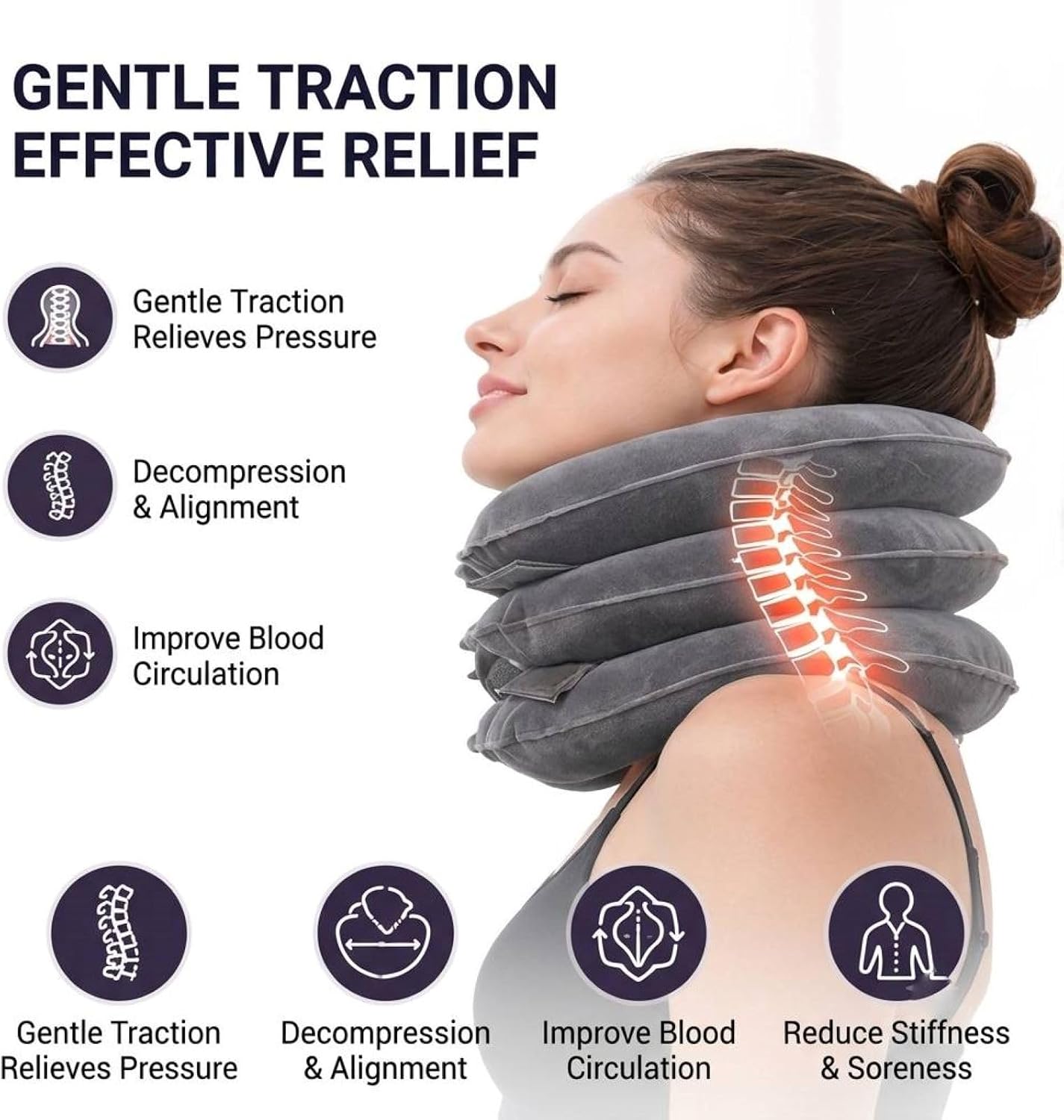 Neck Stretcher & Cervical Traction Device - Inflatable Neck Brace for Pain Relief, Home Decompression Support Pillow with Adjustable Strap, Portable Neck Extender for Office & Travel（Single-Tube）