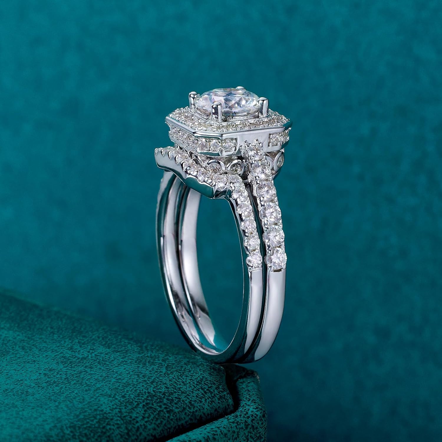 WES 1CT Cushion Cut Stackable Moissanite Bridal Ring Sets - 925 Sterling Silver Hypoallergenic Halo Square Solitaire Moissanite Engagement Ring Wedding Ring for Women, Size 6-8 - Image 7