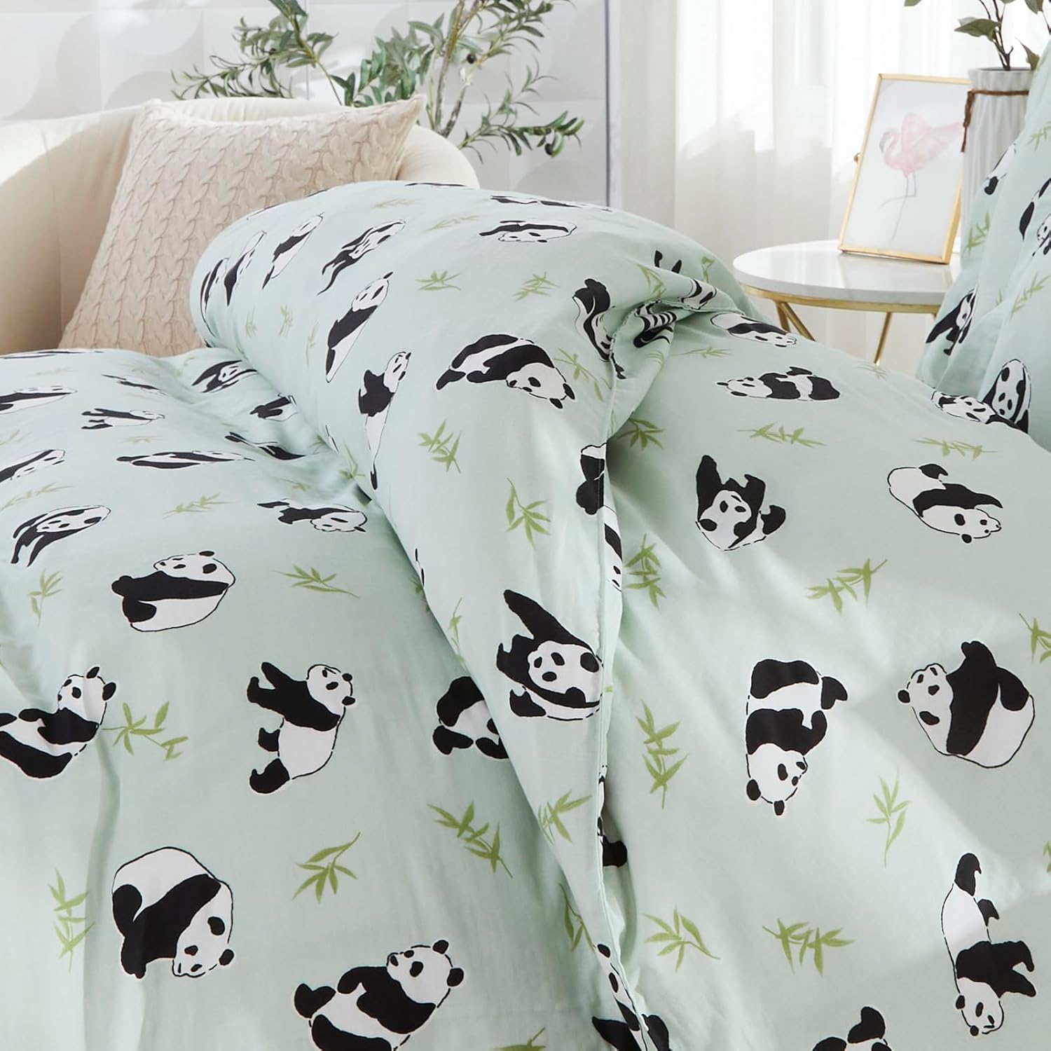 Brandream Queen Size Duvet Cover Set 100% Muslin Cotton Panda Green for Girls Boys Cute Kids Bedding Set 3 Pcs Ultra Soft Breathable Toddler Teen Children Patterned Cartoon Comforter Cover