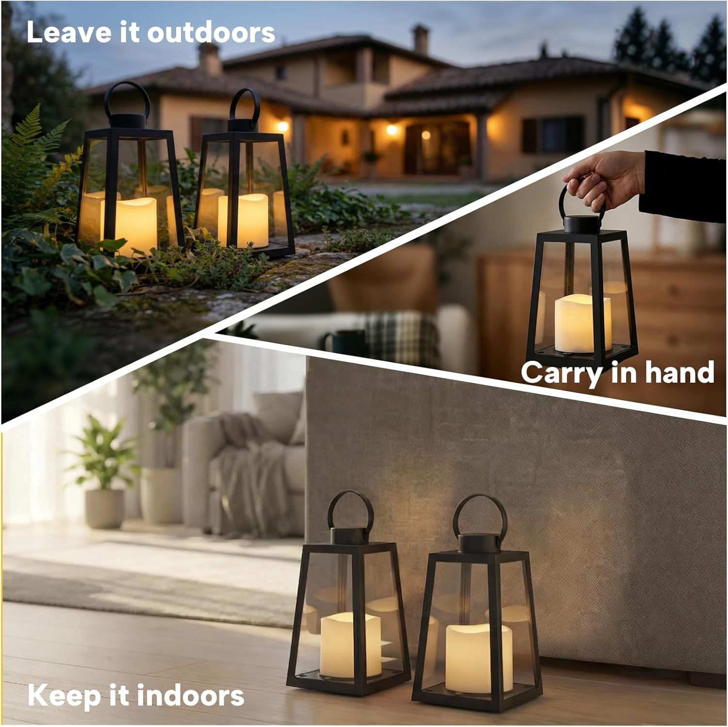 2 Pack 8.6”Black Decorative Lanterns with Timer 6H,Battery Operated Flameless Candles, Realistic Flickering Warm White LED Candle, Decorative Lantern for Home Patio Garden