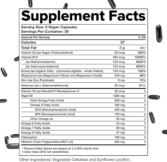 Complement Vegan Multivitamins for Women & Men- Omega 3 DHA+EPA, Vitamin B12, Vitamin D3 K2, Zinc, Selenium, Magnesium, Iodine Supplement- Immune Support- 90 Count, Includes Jar