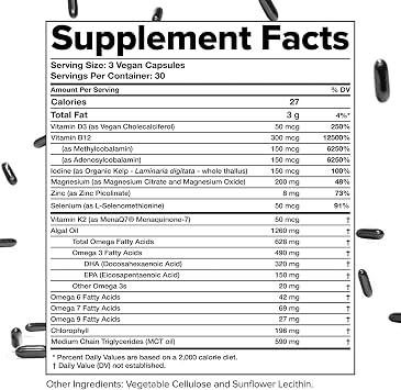 Complement Vegan Multivitamins for Women & Men- Omega 3 DHA+EPA, Vitamin B12, Vitamin D3 K2, Zinc, Selenium, Magnesium, Iodine Supplement- Immune Support- 90 Count, Includes Jar