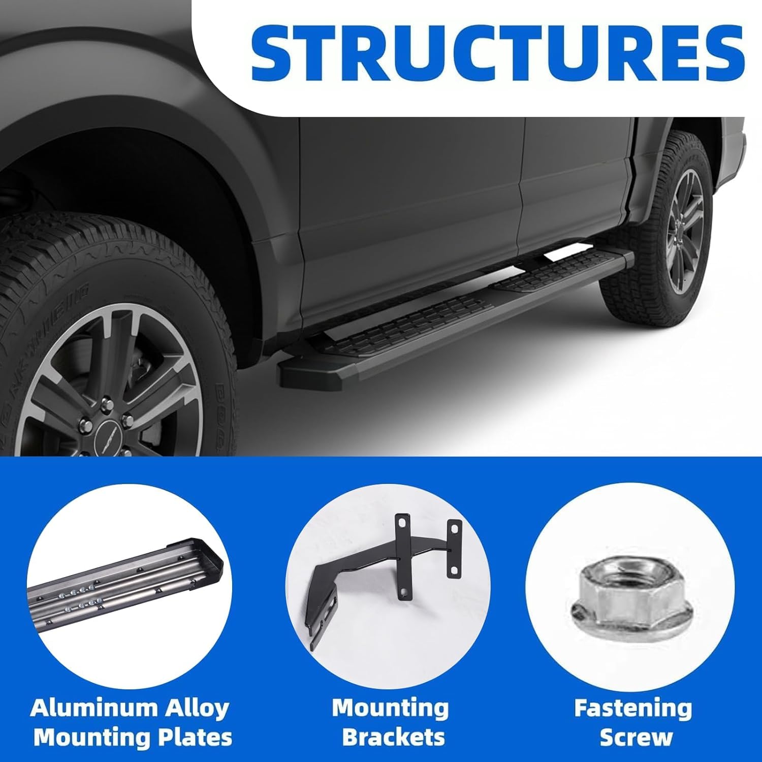 6" Running Boards Side Step Nerf Bar fits 2015-2026 Ford F-150 & 2017-2026 F-250 Super Duty - Super Crew Cab (Non-Slip Step Pads with Rugged Block Tread - 4 Doors) - Aluminum Alloy Black - Pair Set