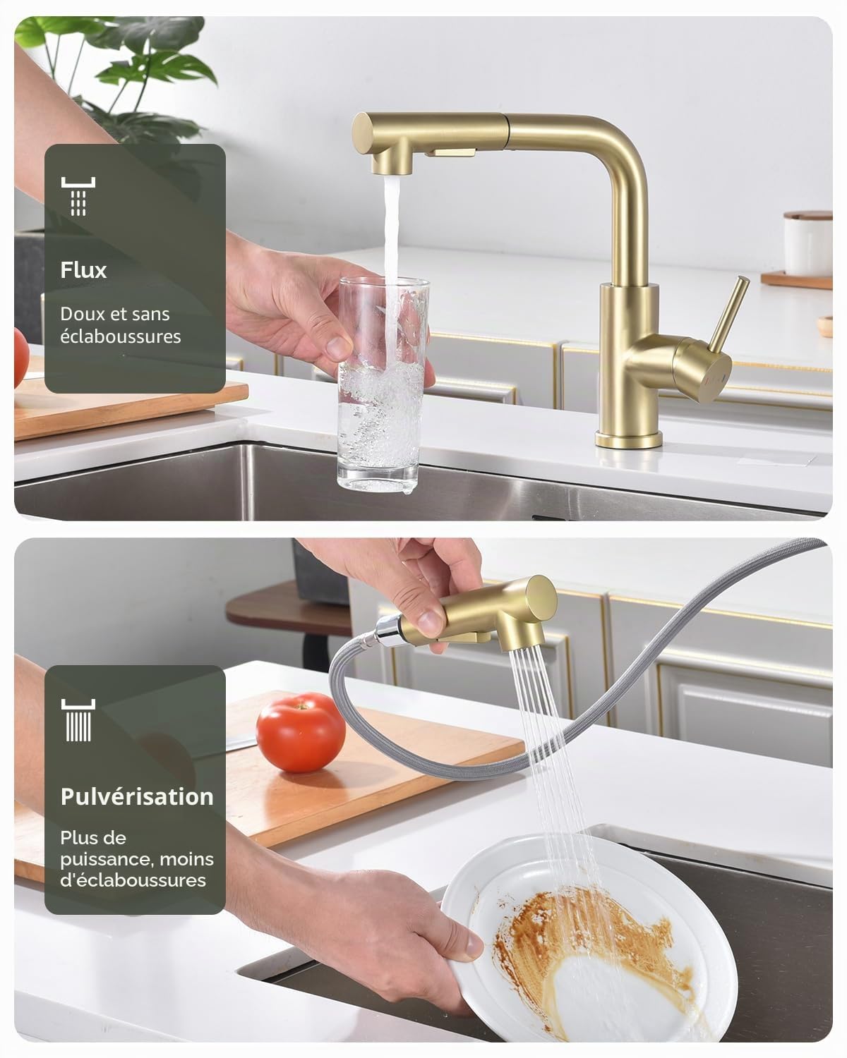 DAYONE Robinet de cuisine doré brossé avec douchette extractible, en acier inoxydable SUS304, robinet de cuisine haute pression avec deux fonctions de pulvérisation, mitigeur pivotant à 360°