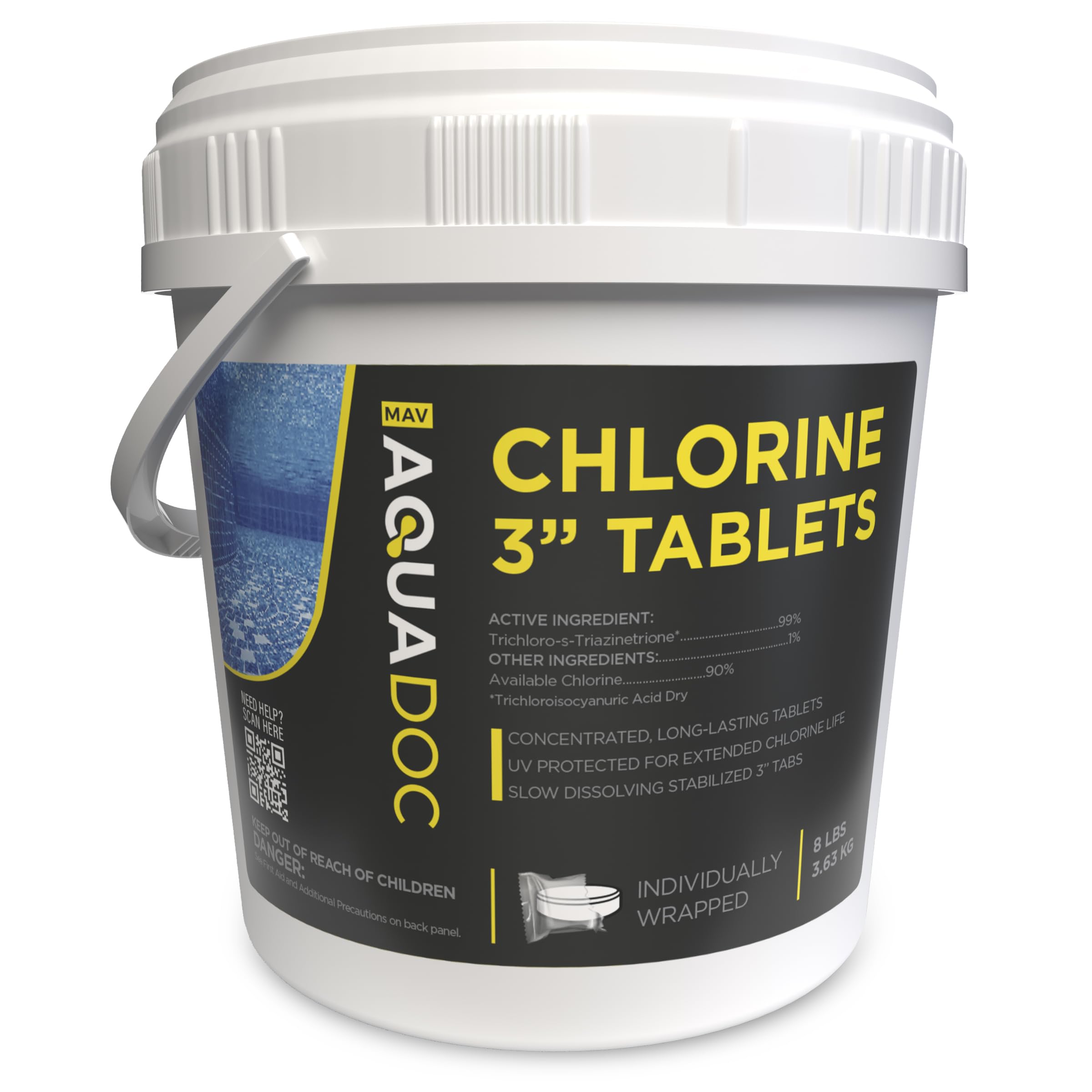 Pool Chlorine Tablets 3 Inch - Paraben Free Swimming Pool Chlorine Tablets - Made in USA - AquaDoc 8lbs
