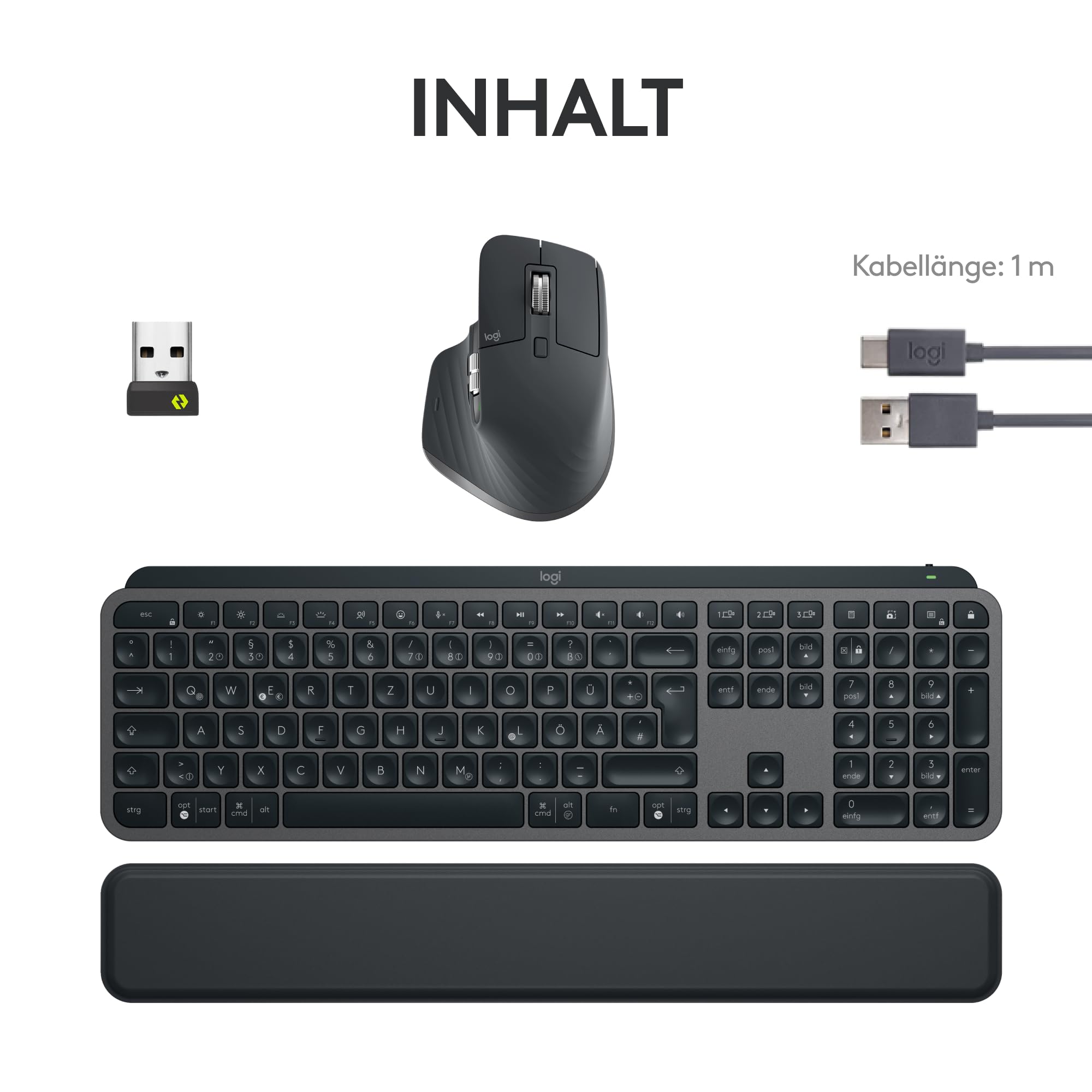 Logitech MX Keys S Combo Kabellose Tastatur und Maus mit Handablage, Beleuchtung, Bluetooth, Deutsches QWERTZ-Layout, Graphit