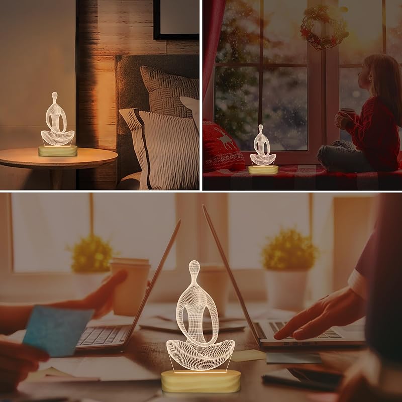 BootyBay 3D Jóga LED Éjjeli Lámpa - Meditációs Asztali Világítás Meleg Fénnyel, Fa Talppal - USB Dekorációs Lámpa Ajándékba Nőknek, Lányokna