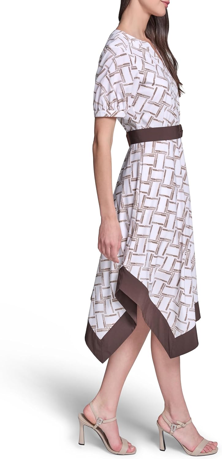 Karl Lagerfeld Women's Patterned Short Sleeves Belted Midi Dress