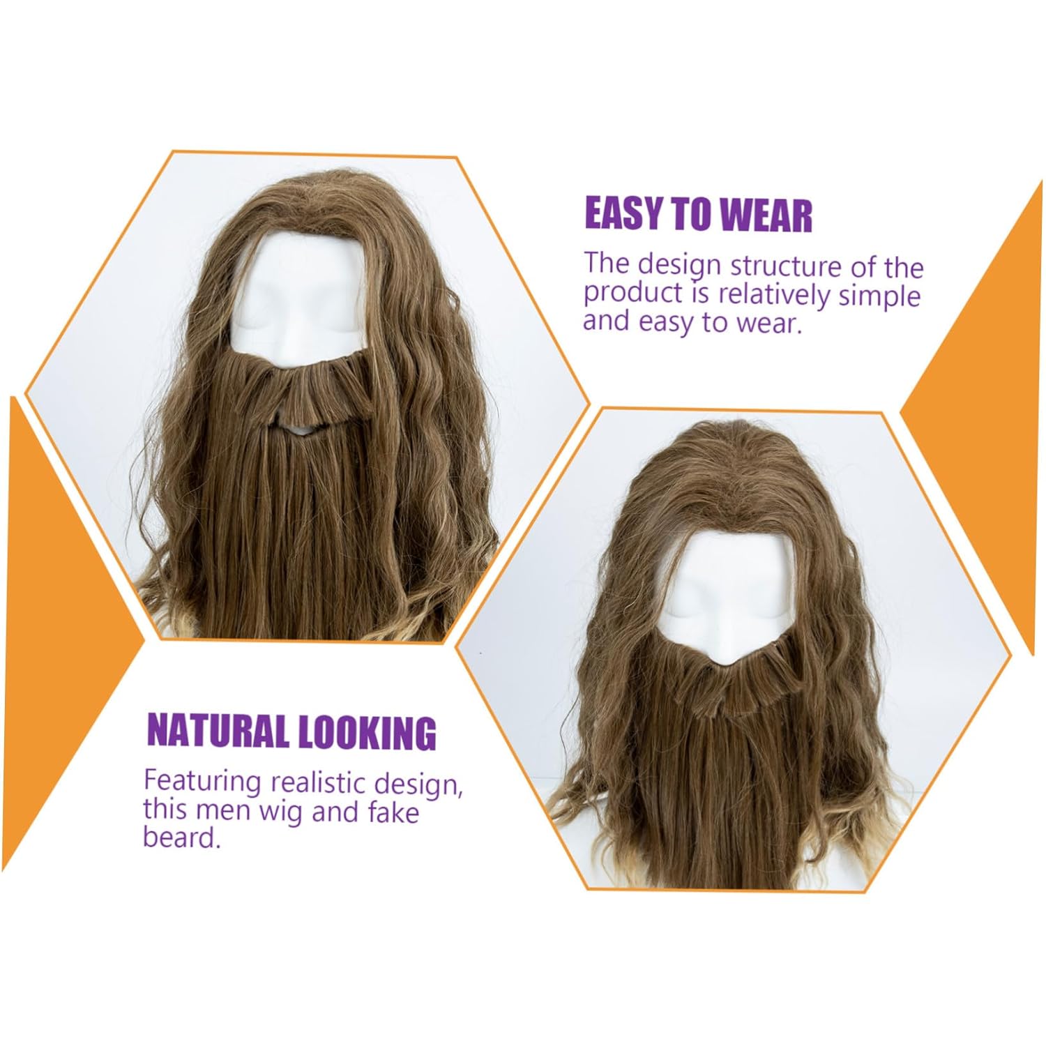 Men S Long Curly Brown Wig with Beard Cosplay Costume Party Accessory Realistic Hairpiece for Role Play and Halloween Dress Up