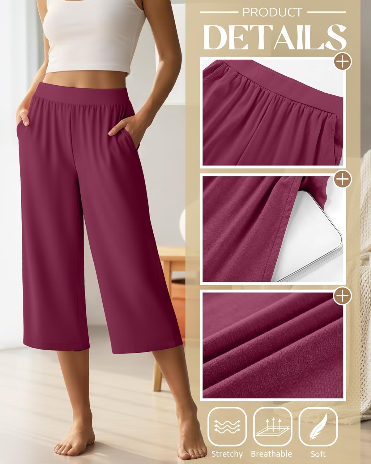 Neer 4 Pack Women's Capri Pants Wide Leg Capris Yoga Sweatpants Lounge Loose Fit High Waist Workout Cropped Pants with Pocket - Image 4