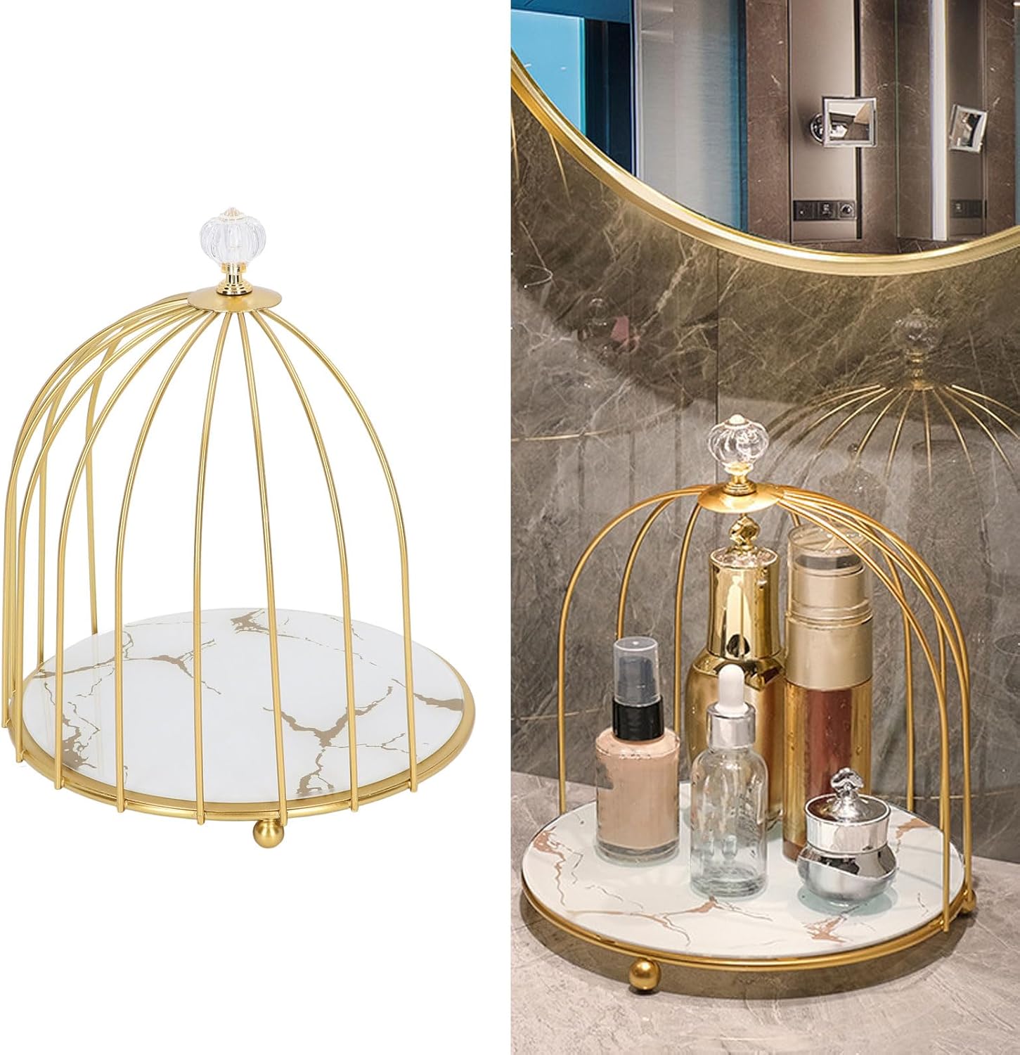TOPINCN Cosmetics Organizer Shelf, Bathroom Desktop Metal Storage Holder for Makeup and Skincare, Bird Cage Gold Frame, 1 Tier Vanity Jewelry Display Tray for Bathroom Bedroom (White