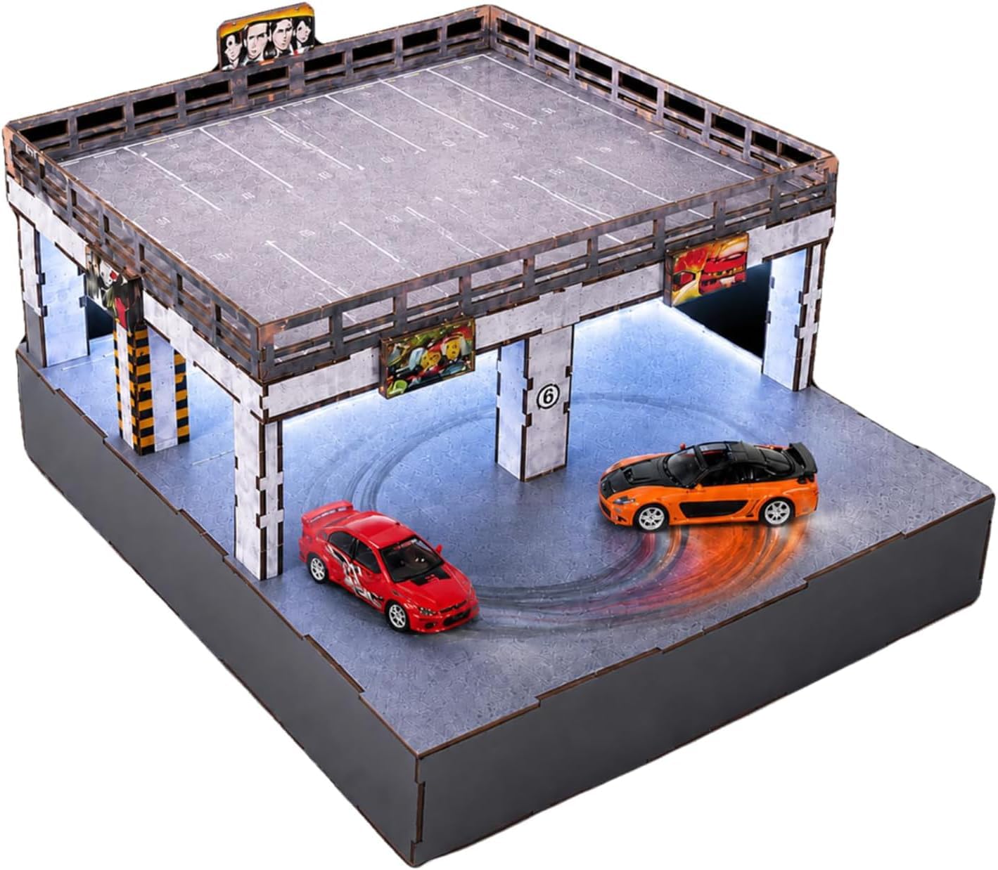 1/64 Diorama Garage Display Case, 1/64 Scale Car Model Drift Display Stand with LED Drift Track, Motorized Drifting Platform, Garage Scene Display for Most 1/64 Scale Model Cars, Includes 2 Cars Model