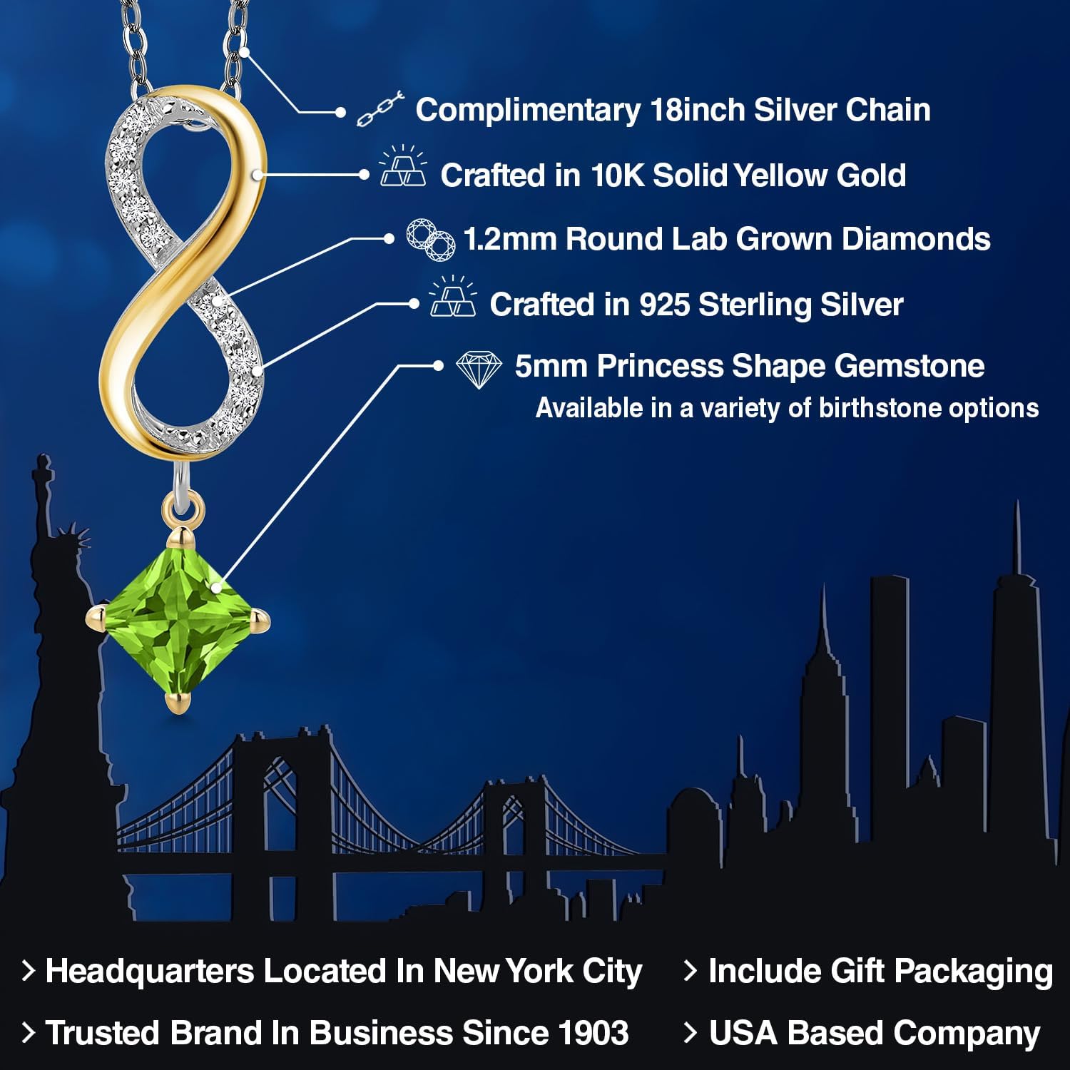Gem Stone King 925 Silver and 10K Yellow Gold Green Peridot and Lab Grown Diamond Pendant Necklace for Women | 1.54 Cttw | Gemstone August Birthstone | Princess 5MM | With 18 Inch Chain - Image 2
