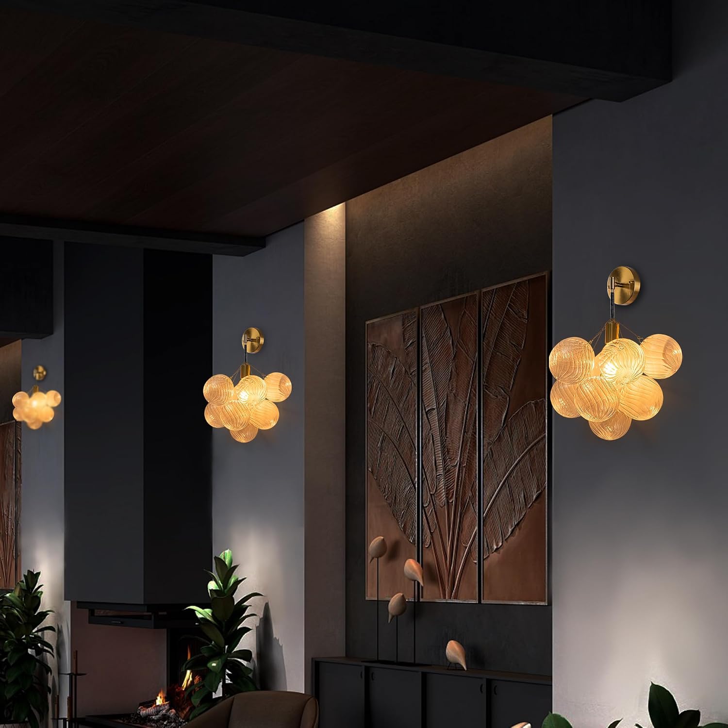 Black Gold Bubble Wall Sconces, Glass Globes Lamps, Ribbed Balls Porch Lights, Mounted Fixture With Glass Lampshade for Reading Bedroom Bedside Stairway Hallway 15"W