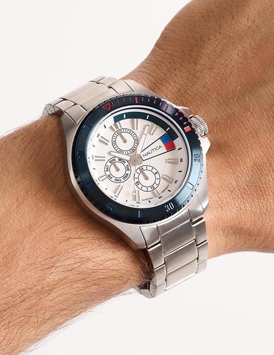 Nautica NCT Leeway NAPLWS604 - Reloj de Pulsera de Acero Inoxidable para Hombre, Correa de siloicona Blanca