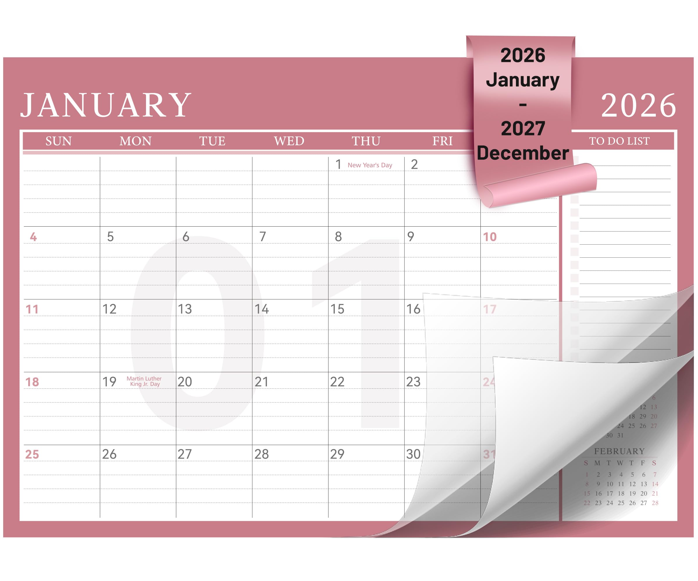 Yoment Recharge pour calendrier 2026-2027 (janvier 2026 à décembre 2027) Grand agenda mensuel 43,2 x 30,5 cm avec housse de protection 18 mois Rose