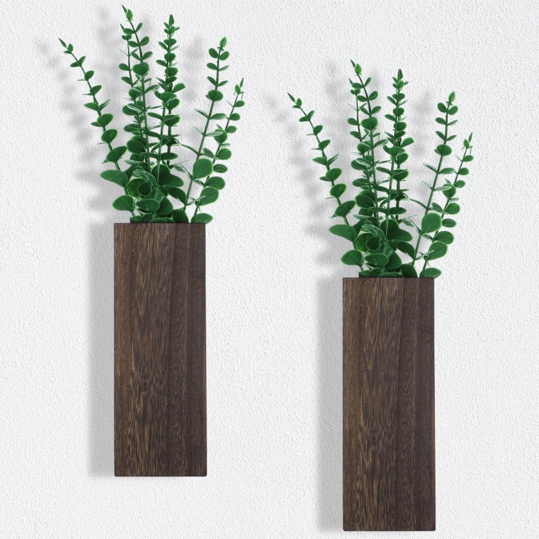 Paire de supports muraux en bois avec faux eucalyptus pour fleurs séchées