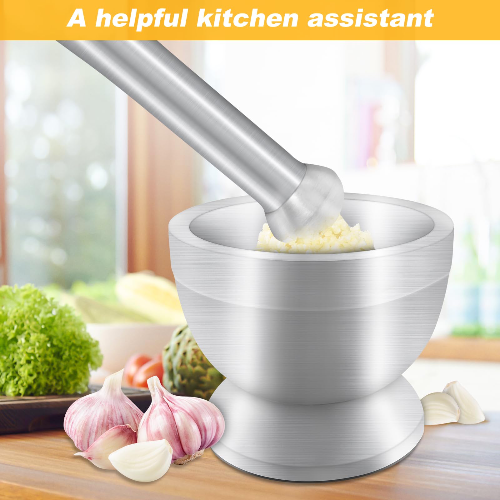 Xpieoyrm Acero Inoxidable Mortero Cocina Juegos de Mortero y Mano, Mortero Cocina con base antideslizante, juego manual de mortero y maja, para Moler Especies, Hierbas,Medicamentos u Otras Sustancias