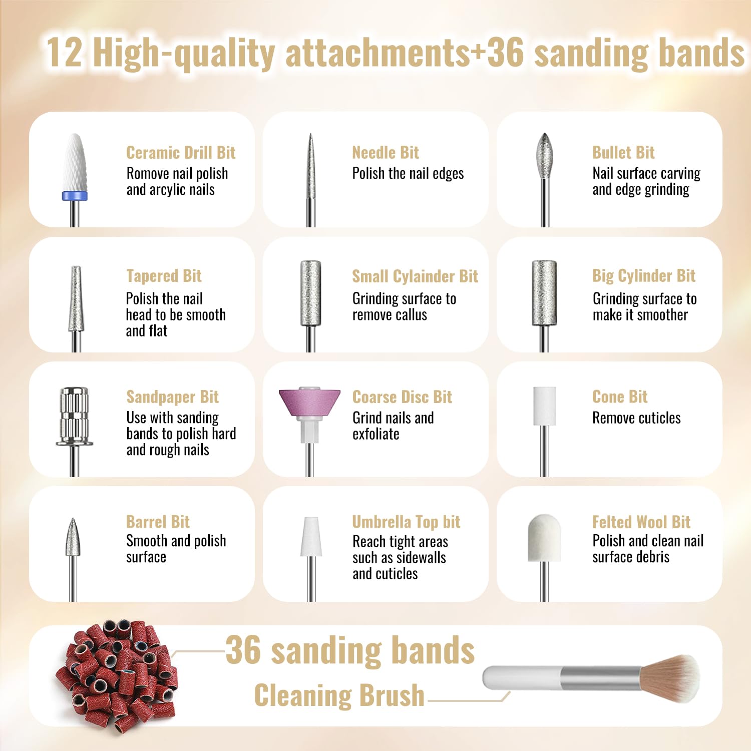 Electric Nail Drill Cordless, 35000RPM Portable Electric Nail File with LCD Display and 12 Nail Drill Bits for Acrylic & Gel Nails, Professional Manicure & Pedicure Kit Set Golden - Image 6