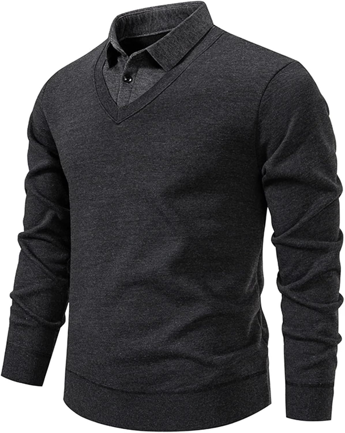 Men's Winter Fake Two-Piece Knitted Pullovers Fashion Slim Fit Turn Down Collar Knit Sweater Fleece Warm Jackets